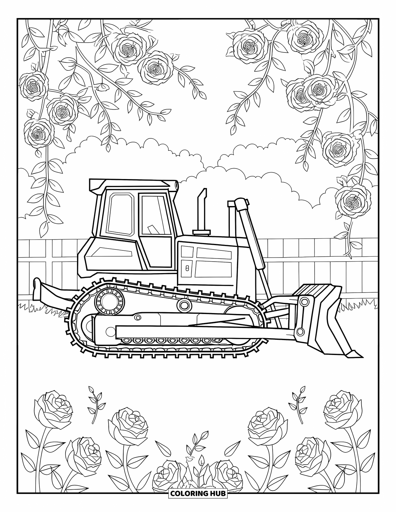Bulldozer Coloring Page for Adults: Bulldozer parked beside roses and vines near a wooden fence