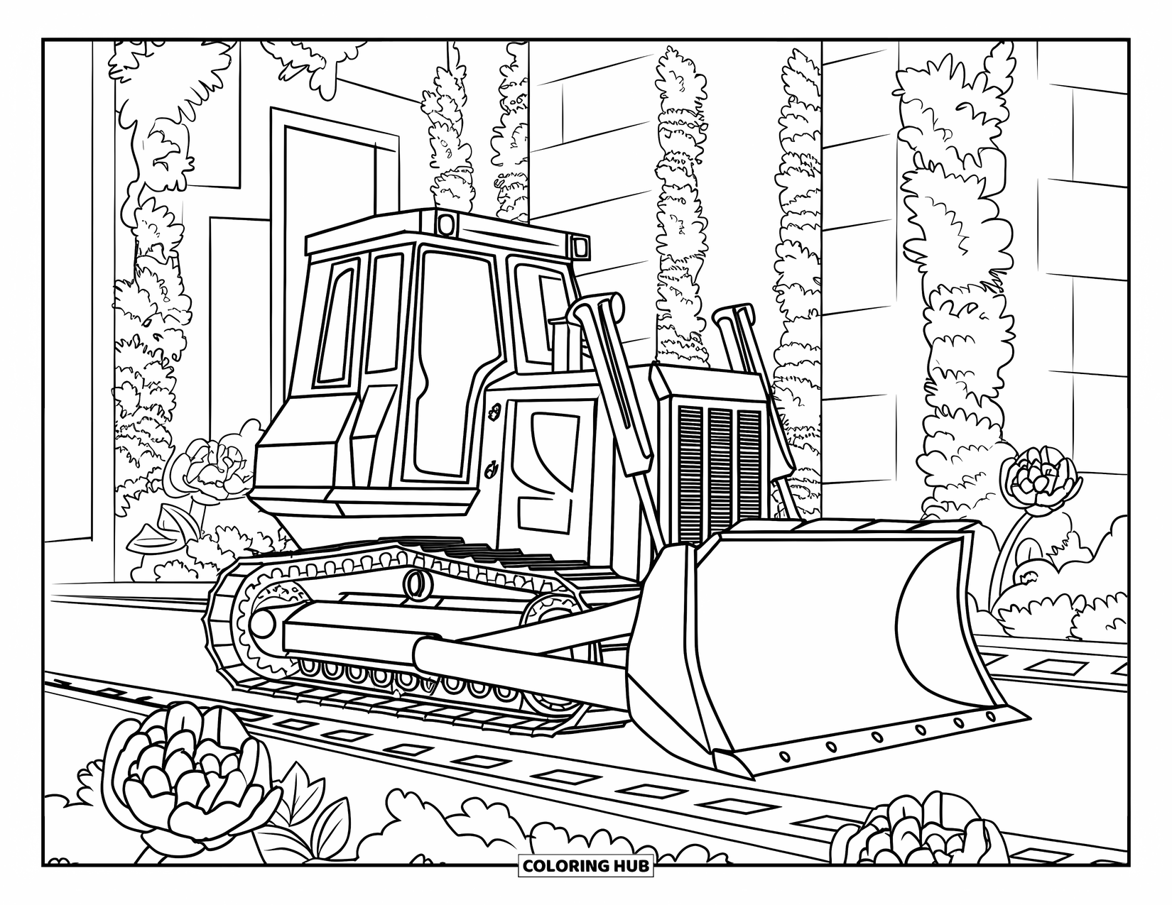 Bulldozer Coloring Page for Adults: Bulldozer parked on a path with ivy, peonies, and mosaic borders