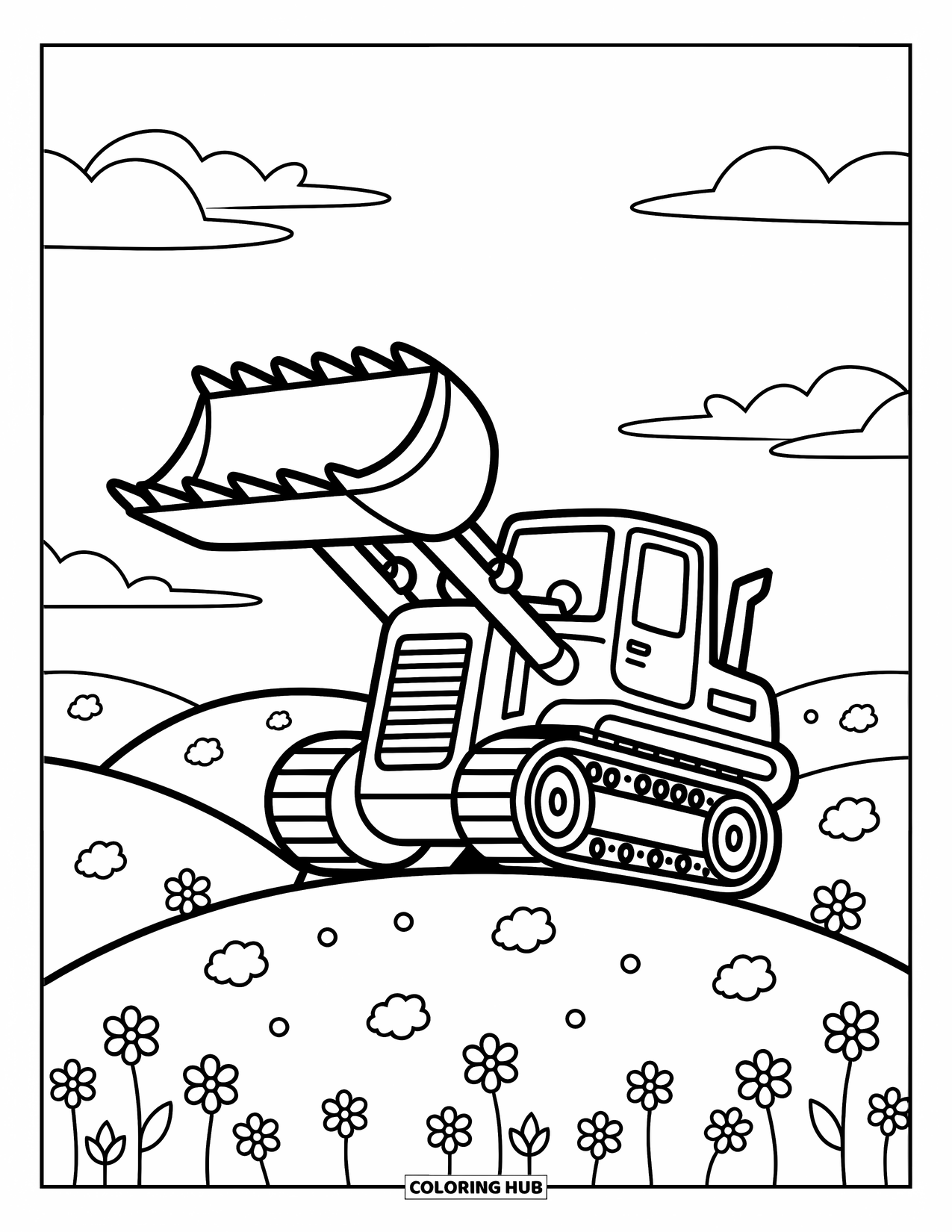 Bulldozer Coloring Page for Adults: Bulldozer poses proudly on a hill with cute flowers and fluffy clouds