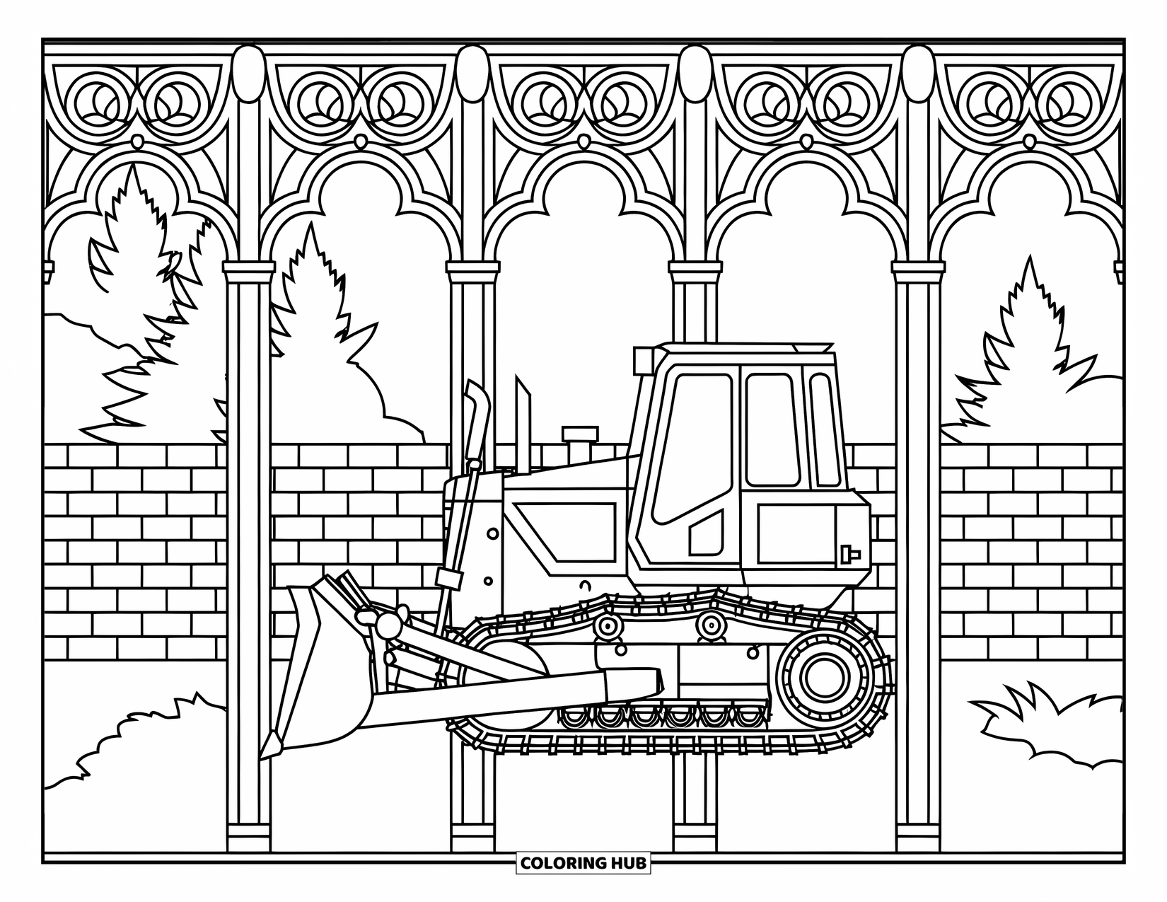 Bulldozer Coloring Page for Adults: Bulldozer rests in front of stained glass windows and quiet trees