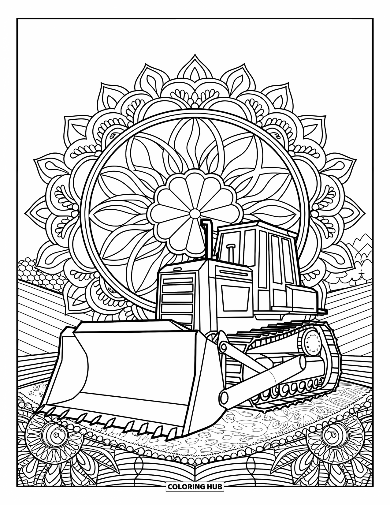 Bulldozer Coloring Page for Adults: Bulldozer rests on textured ground, surrounded by a blooming circular mandala
