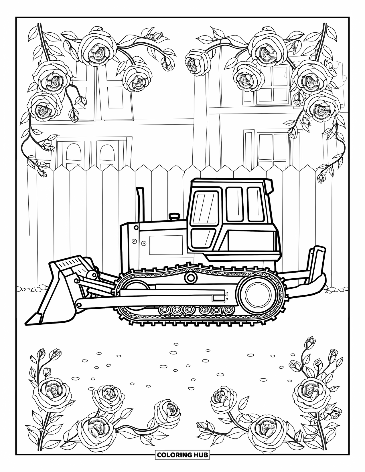 Bulldozer Coloring Page for Adults: Bulldozer side view with vines and roses beside a gravel path