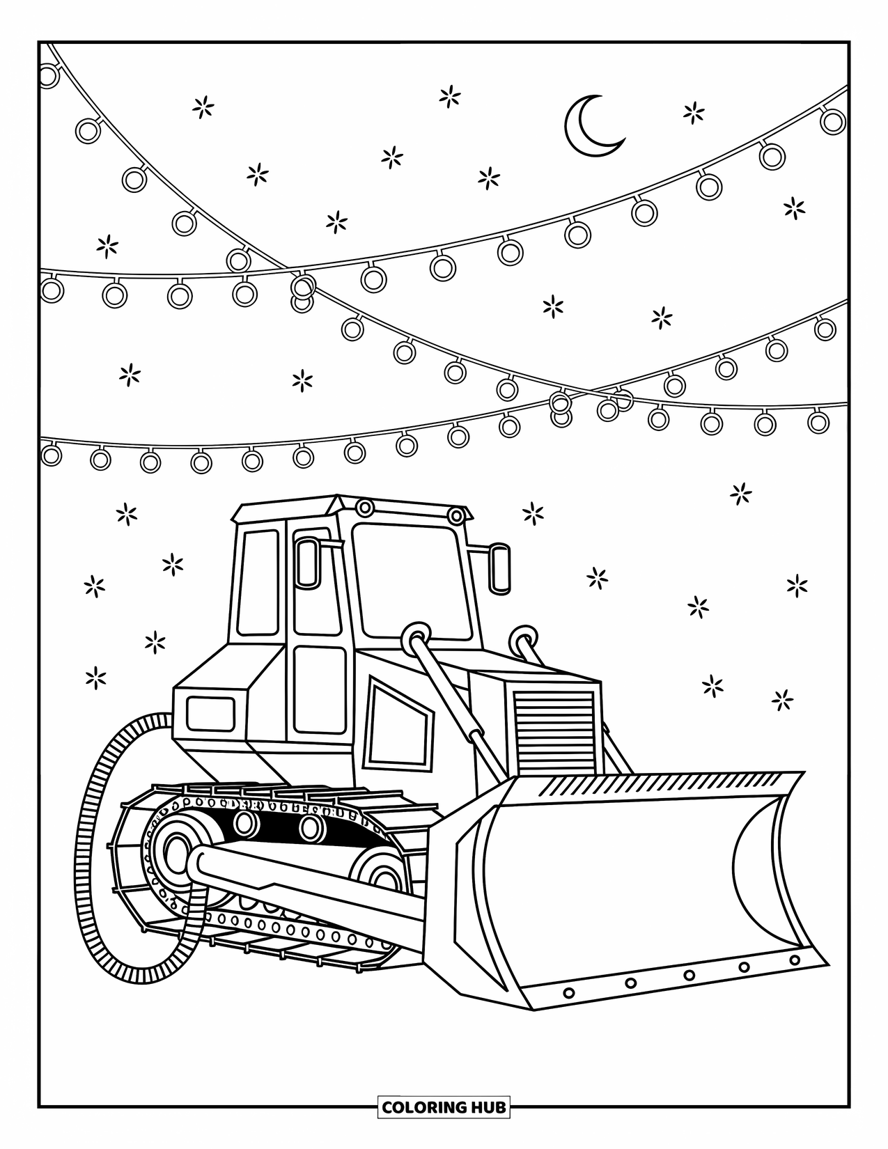 Bulldozer Coloring Page for Adults: Bulldozer sits quietly under string lights and a sky full of stars