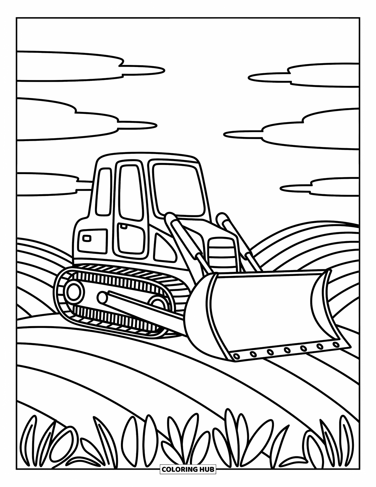 Bulldozer Coloring Page for Adults: Bulldozer stands proud on a hill with rolling clouds and gentle curves