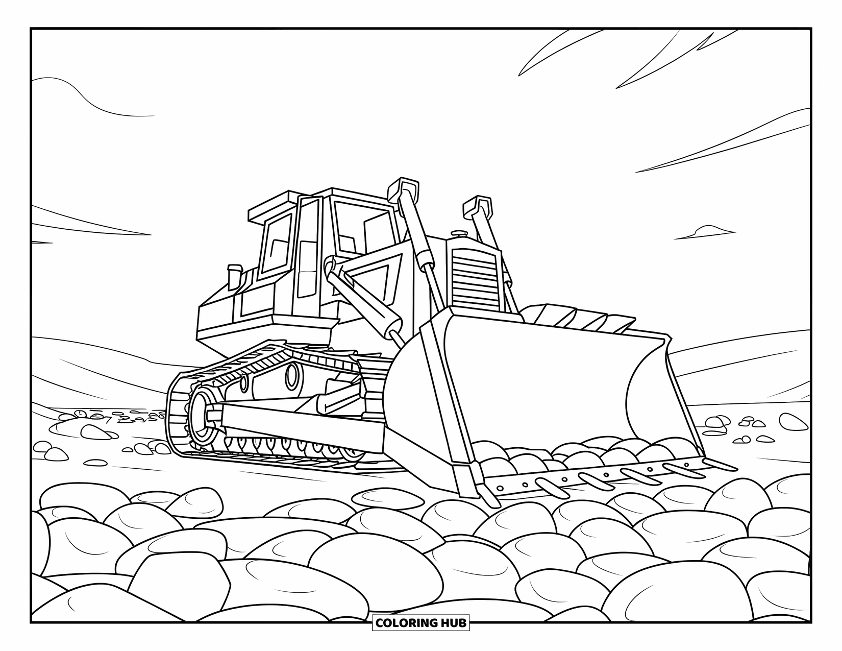 Bulldozer Coloring Page for Kids: Big bulldozer moves stones in a dry riverbed under a clear sky