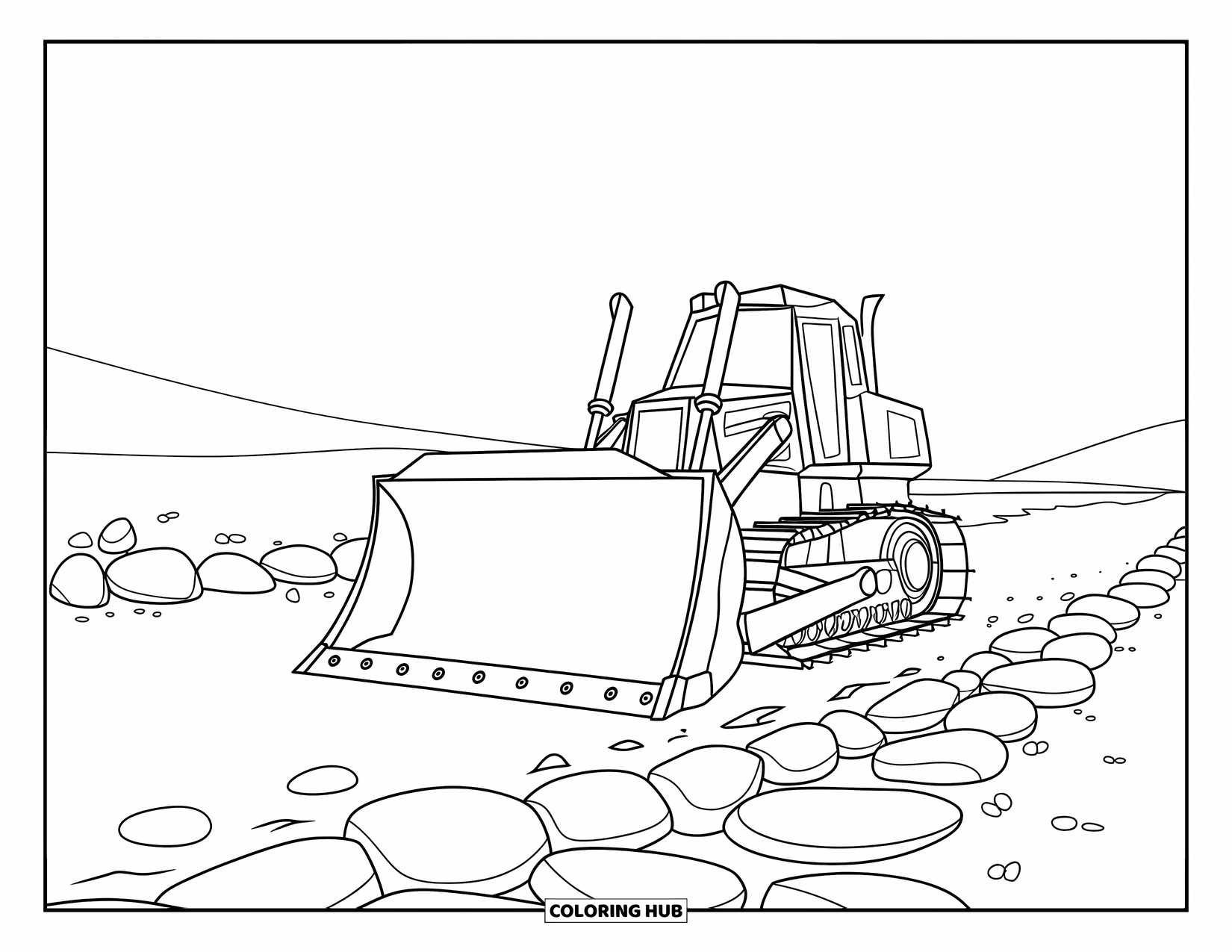 Bulldozer Coloring Page for Kids: Bold bulldozer clears a rocky riverbed with mountains in the distance