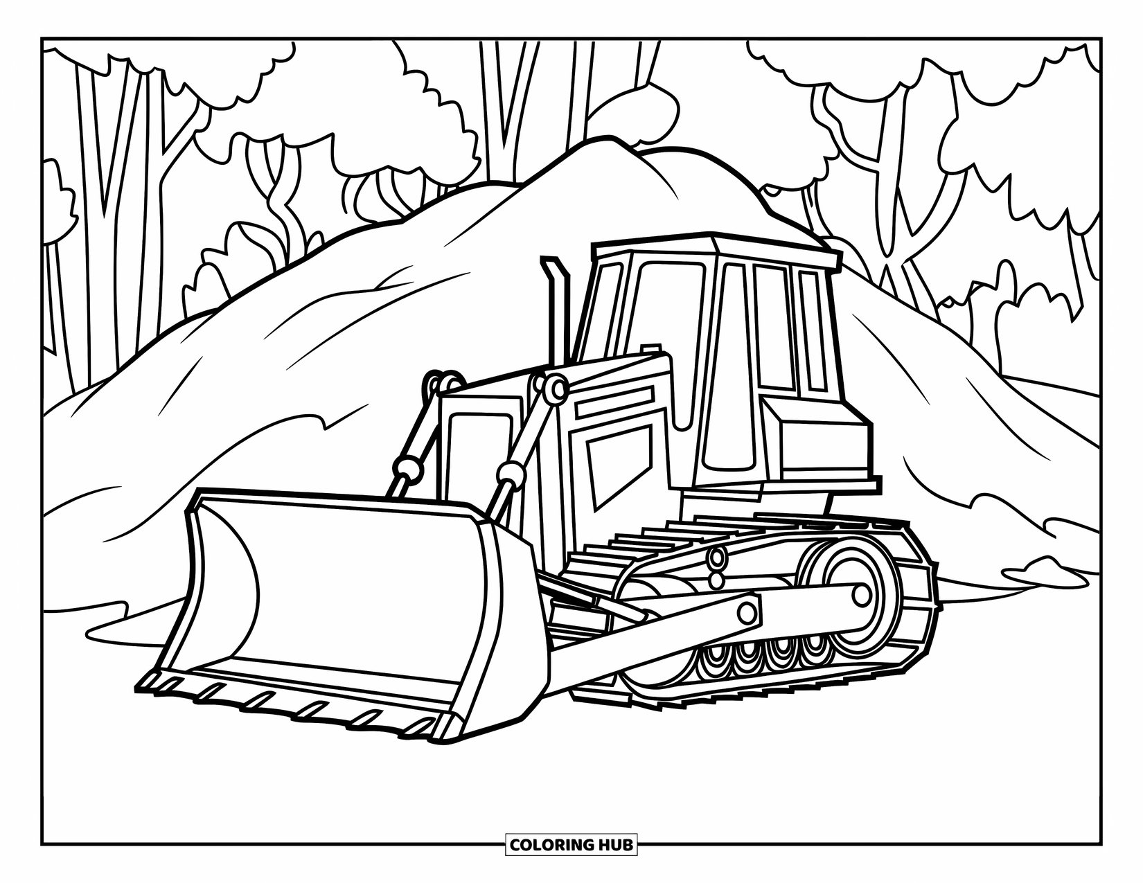 Bulldozer Coloring Page for Kids: Bulldozer beside a dirt pile with forest trees in the background