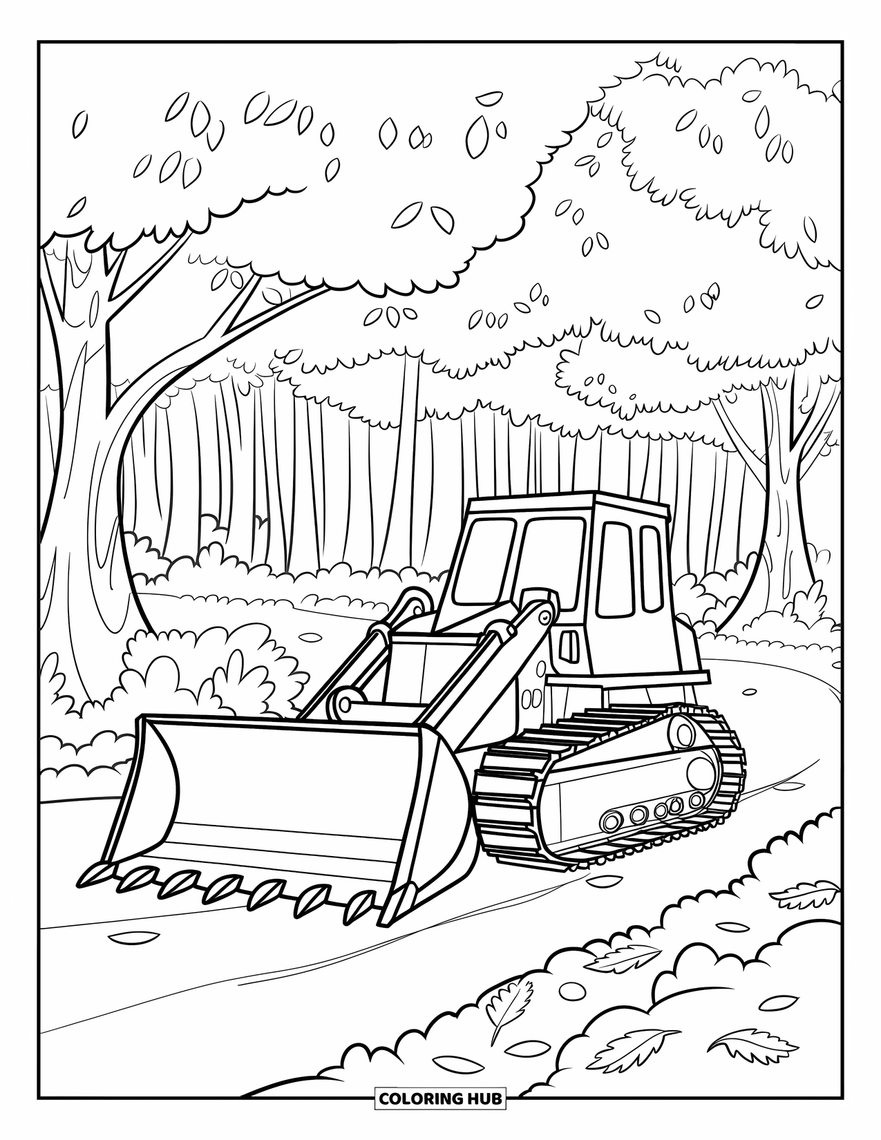 Bulldozer Coloring Page for Kids: Bulldozer clears a leafy trail surrounded by tall trees and soft stones