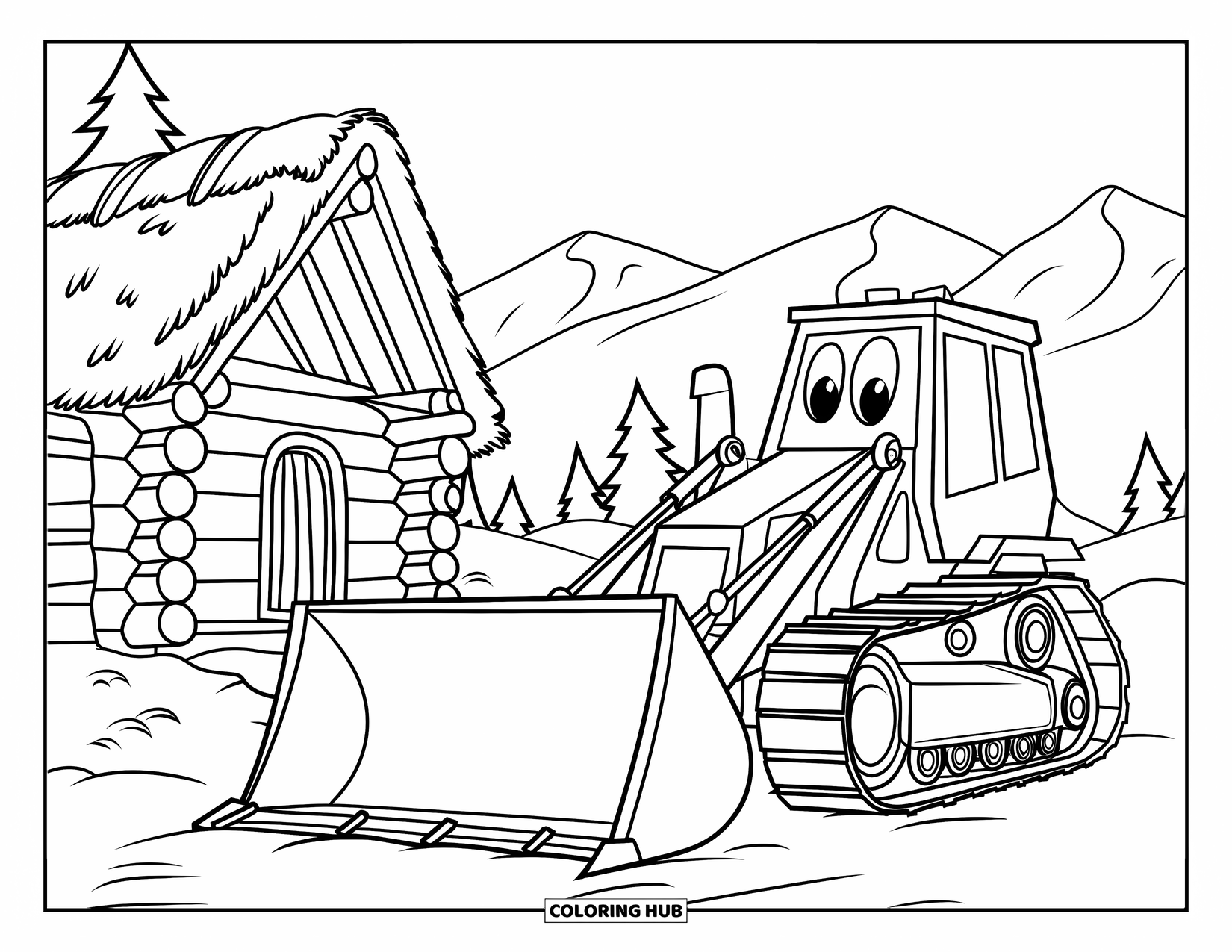 Bulldozer Coloring Page for Kids: Bulldozer clears land around a cozy log cabin in the woods