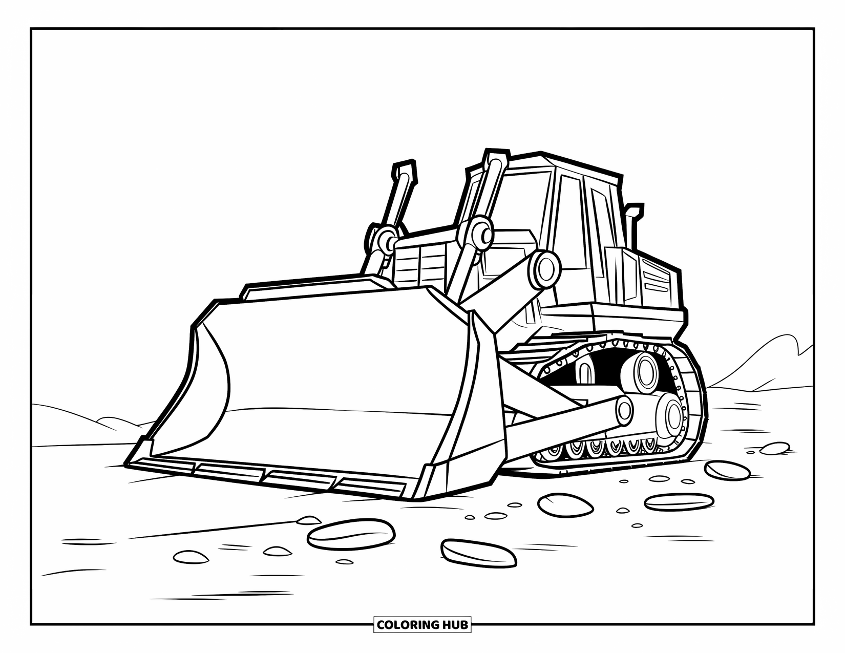 Bulldozer Coloring Page for Kids: Bulldozer clears smooth stones in a dry riverbed