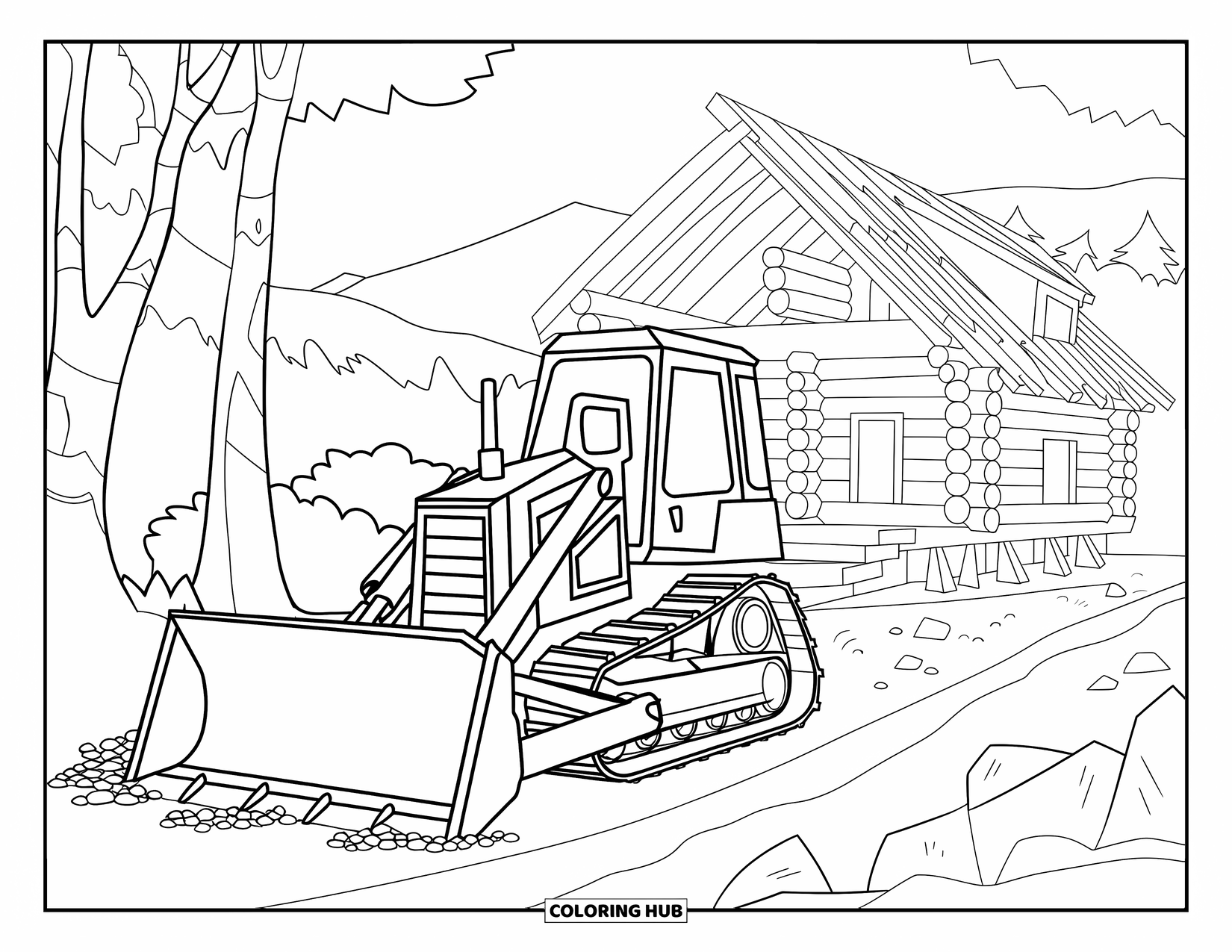 Bulldozer Coloring Page for Kids: Bulldozer clears trees and rocks near a new log cabin build