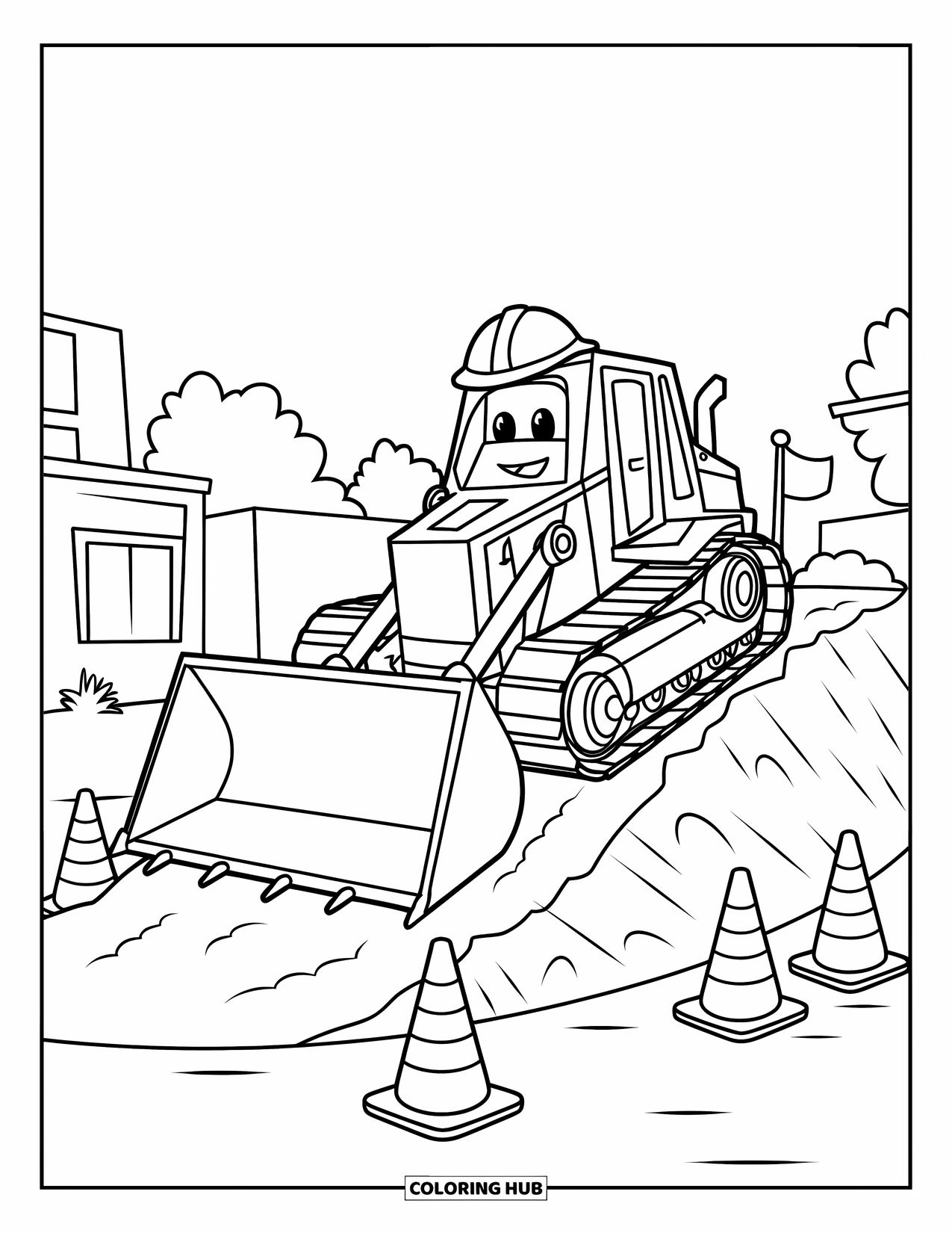 Bulldozer Coloring Page for Kids: Bulldozer climbs a small dirt ramp at a safe build site