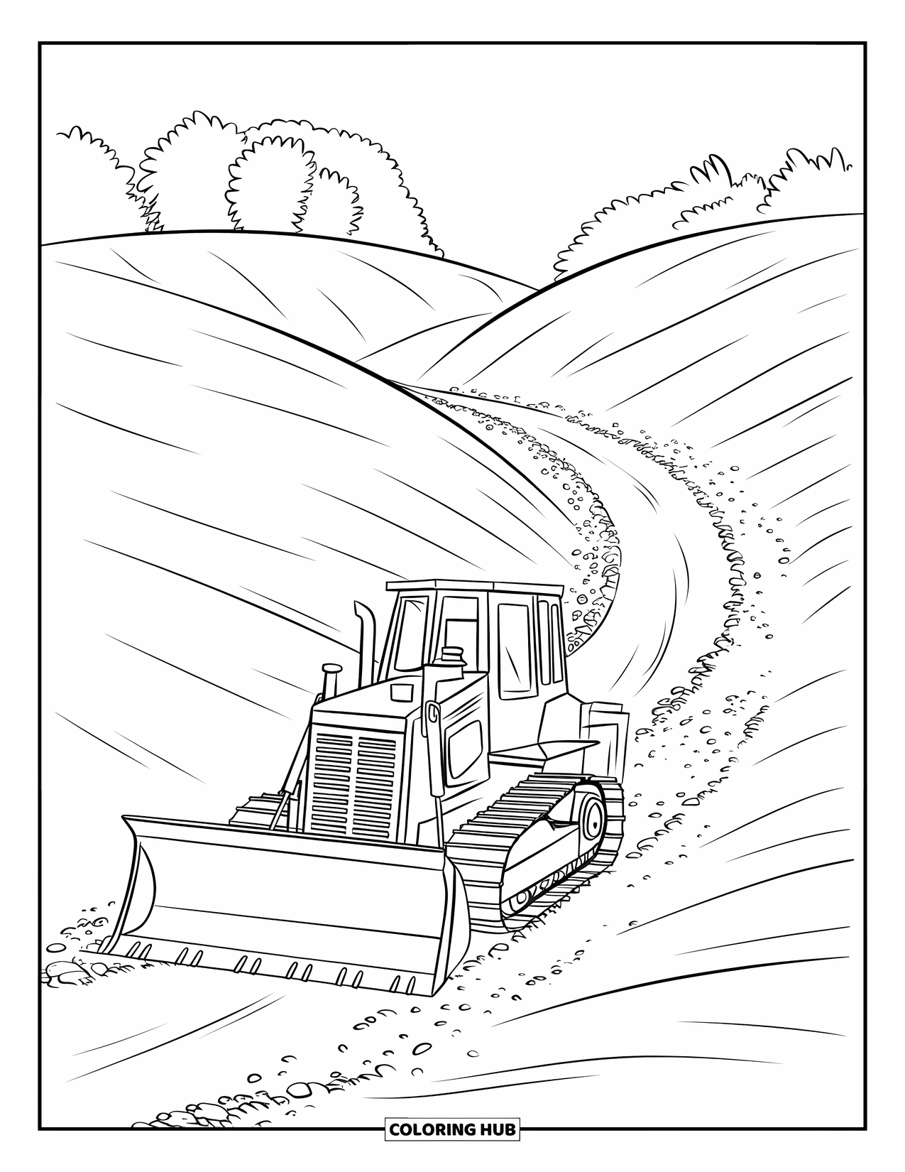 Bulldozer Coloring Page for Kids: Bulldozer creates a road between two soft, tree-covered hills