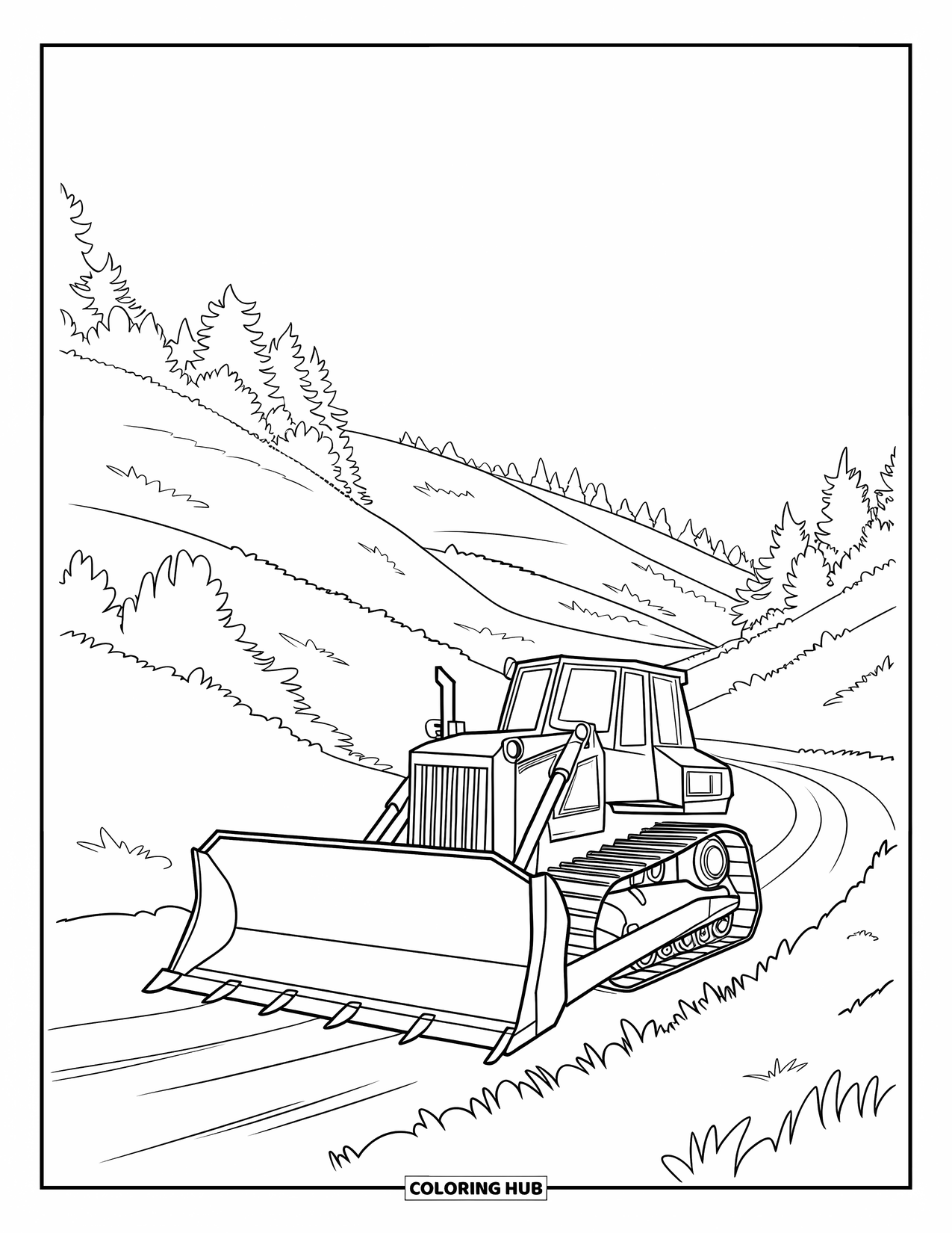 Bulldozer Coloring Page for Kids: Bulldozer creates a trail through forested hills under a bright sky