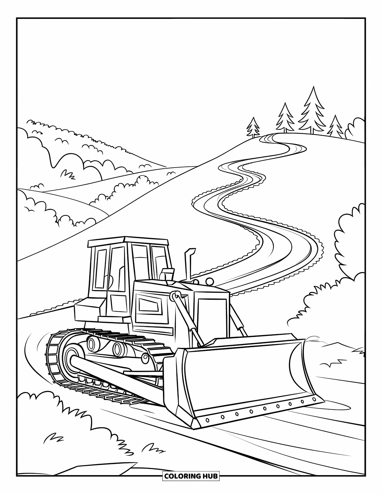 Bulldozer Coloring Page for Kids: Bulldozer cuts a path through wooded hills with trees all around