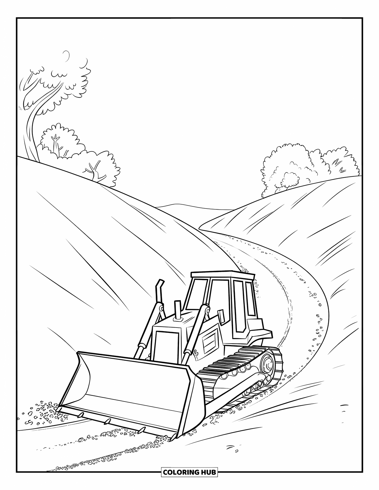 Bulldozer Coloring Page for Kids: Bulldozer digs a road between hills on a clear day