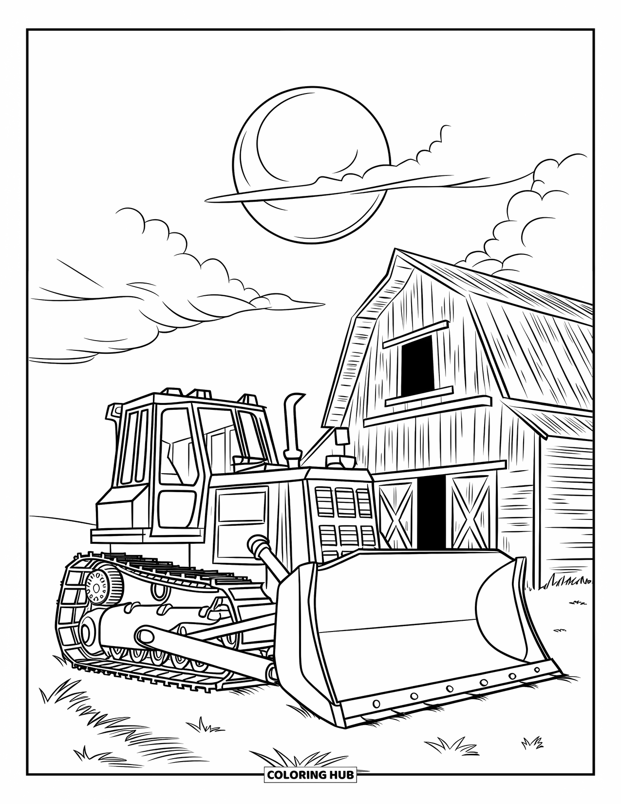 Bulldozer Coloring Page for Kids: Bulldozer drives past an old barn under a bright moon