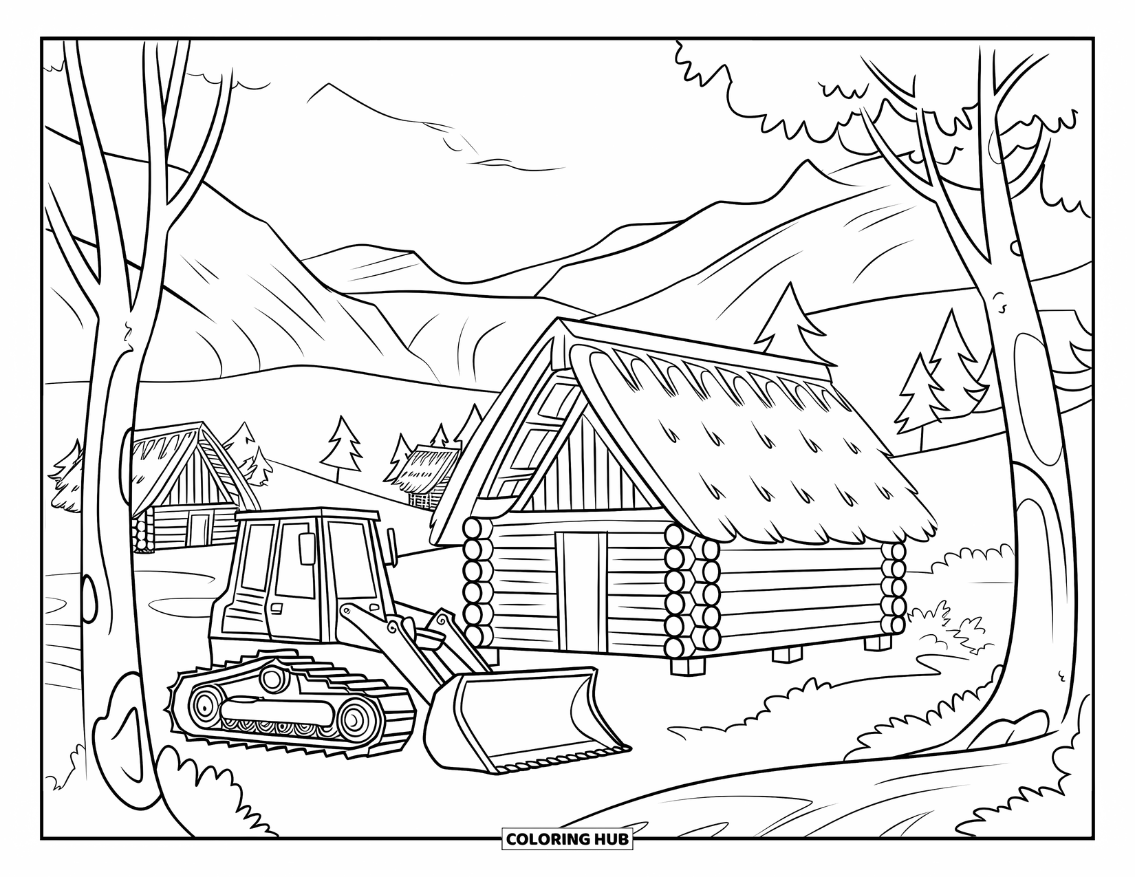Bulldozer Coloring Page for Kids: Bulldozer makes room for a log cabin near a mountain view