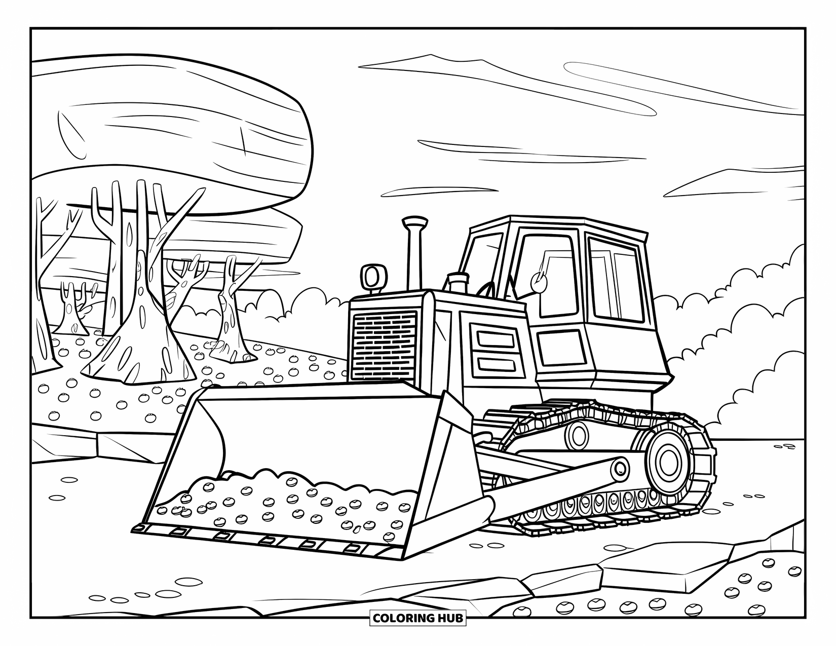 Bulldozer Coloring Page for Kids: Bulldozer near soft soil and forest trees shaped like smooth circles