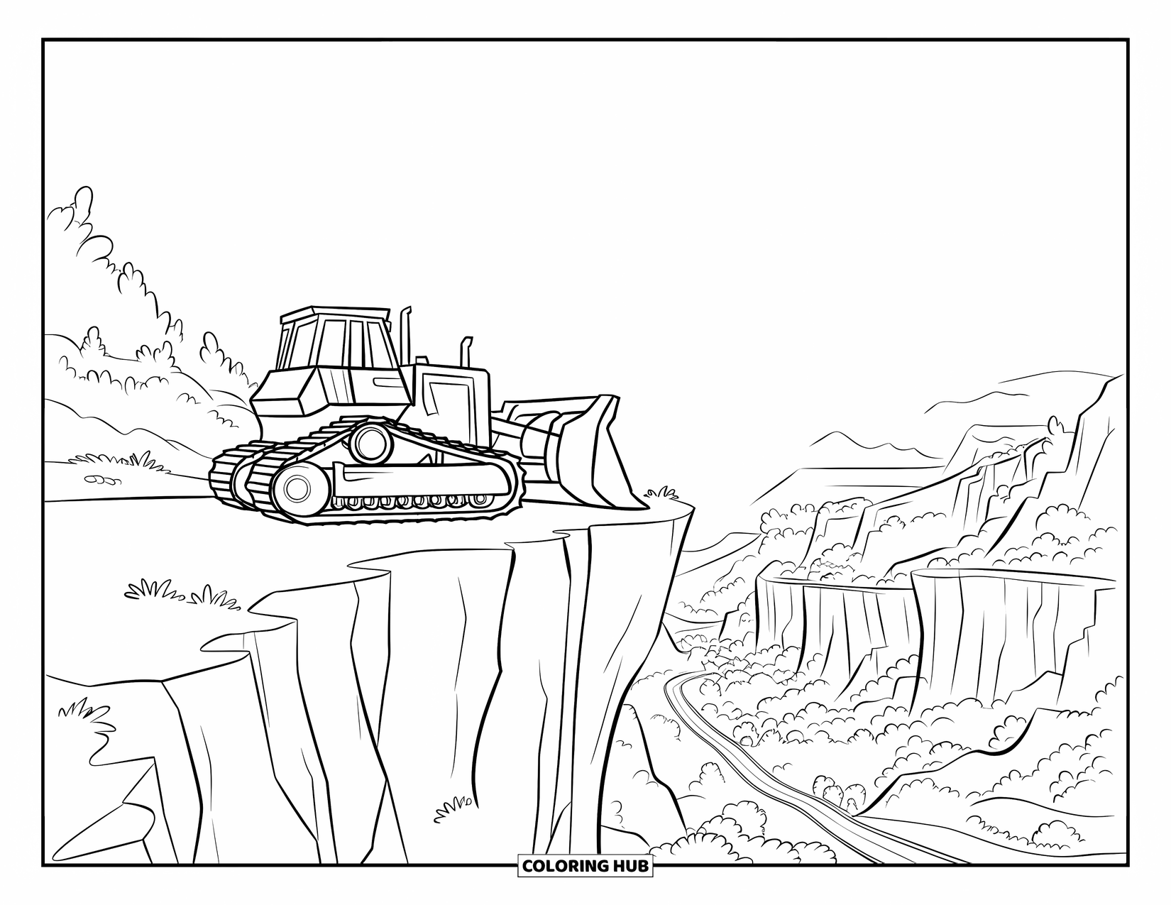 Bulldozer Coloring Page for Kids: Bulldozer overlooks a valley construction site from a rocky cliff