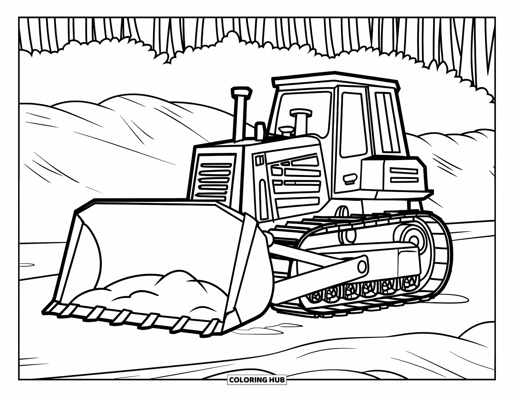 Bulldozer Coloring Page for Kids: Bulldozer rests beside a soft earth pile near a tall forest