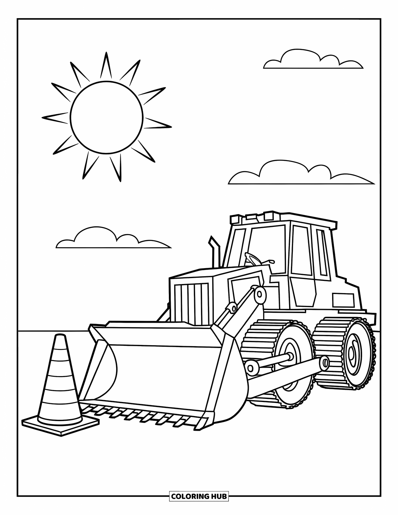 Bulldozer Coloring Page for Kids: Bulldozer rests beside a traffic cone under a sunny, fluffy sky