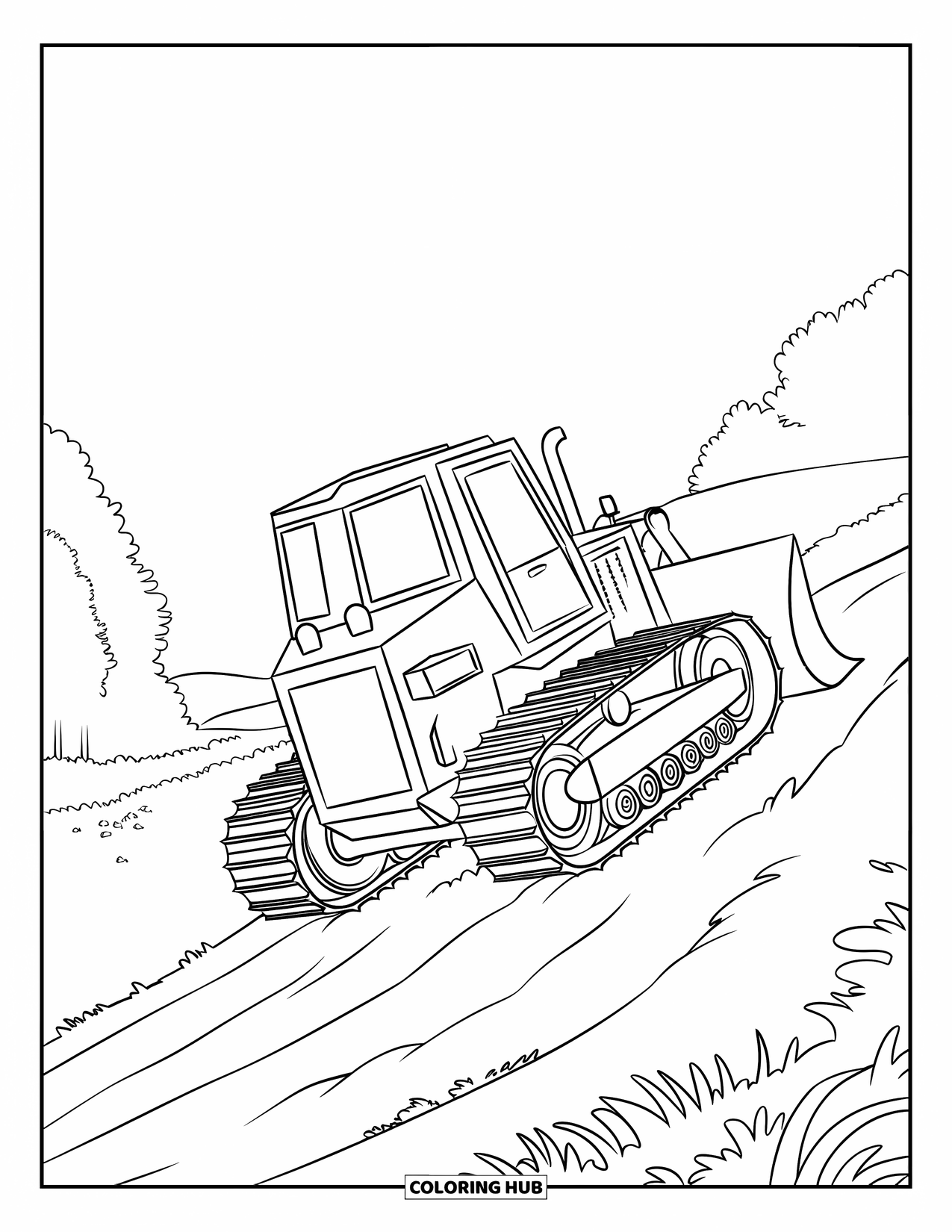 Bulldozer Coloring Page for Kids: Bulldozer rolls across a hill with bold lines and a happy vibe
