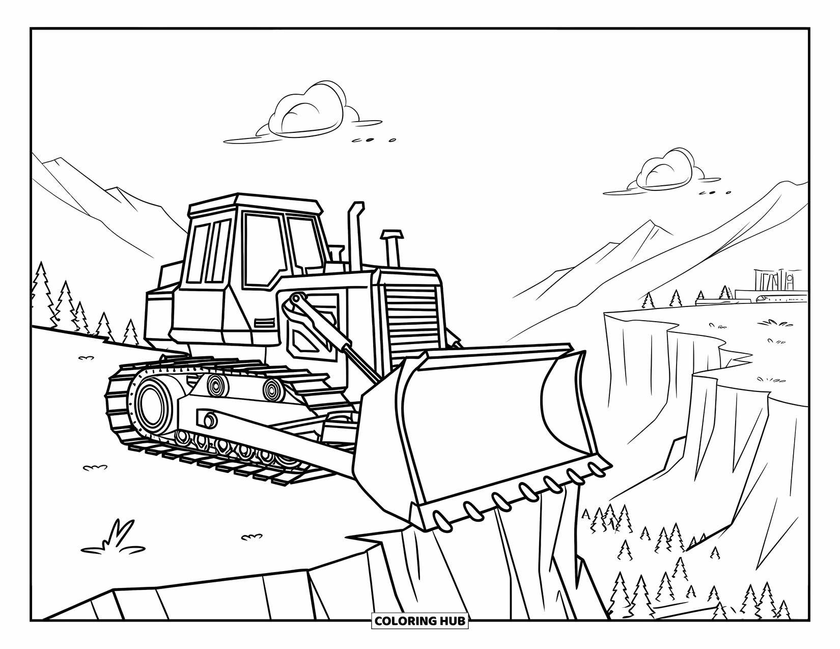 Bulldozer Coloring Page for Kids: Bulldozer sits at a cliff's edge, overlooking a forested valley