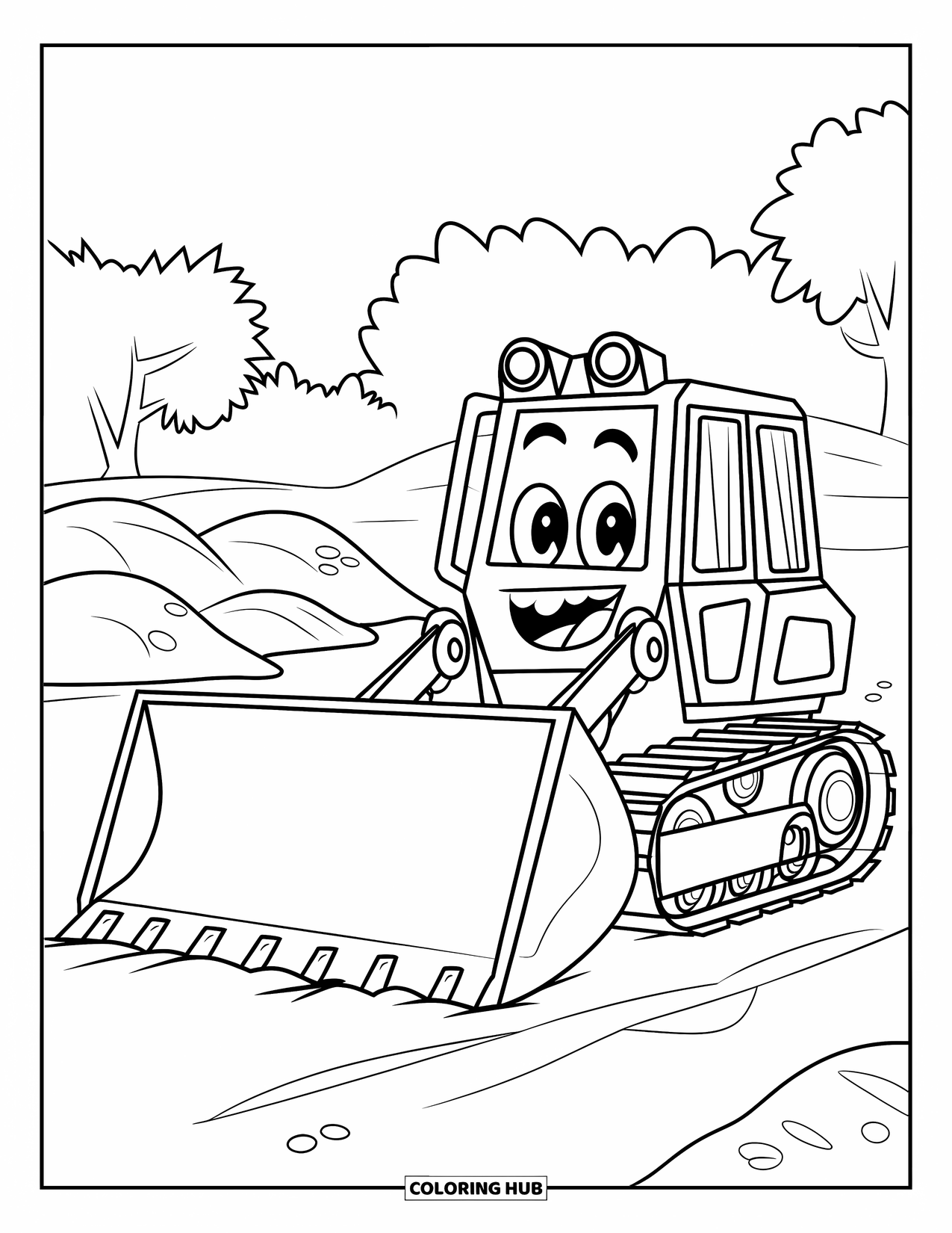 Bulldozer Coloring Page for Kids: Bulldozer with big eyes moves a small pile of dirt at a job site