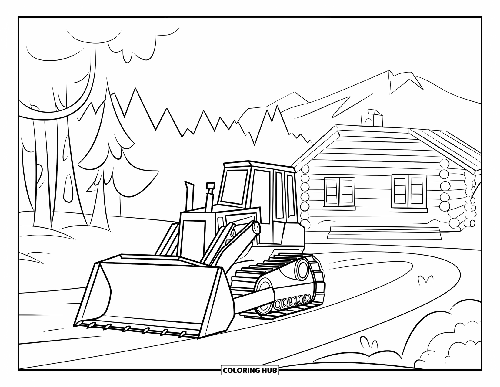 Bulldozer Coloring Page for Kids: Bulldozer working beside a half-built cabin with trees and mountains behind