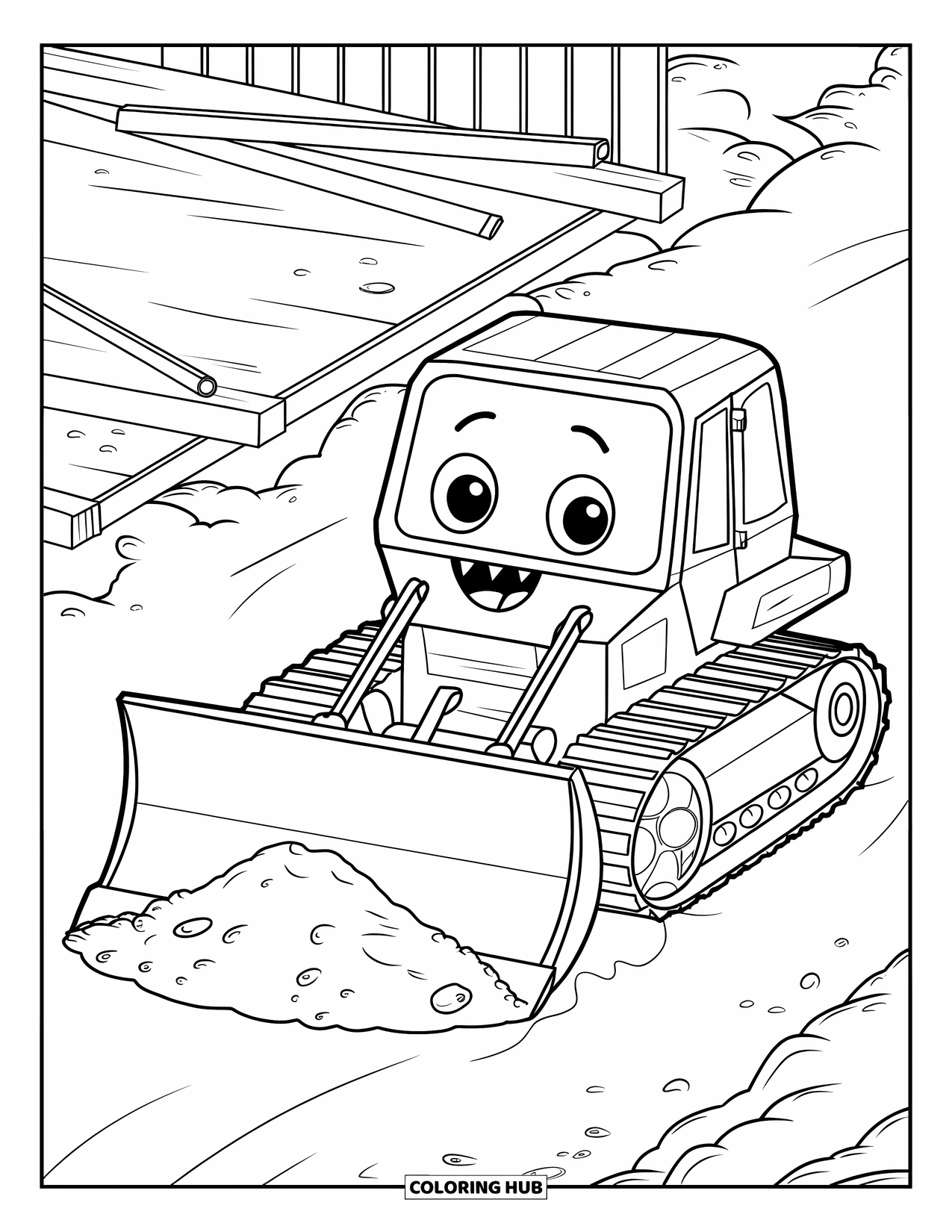 Bulldozer Coloring Page for Kids: Cheerful bulldozer pushes a dirt pile near a ladder and wooden planks
