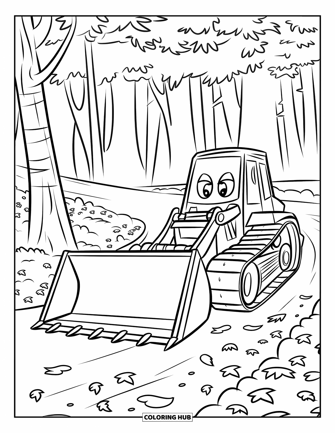 Bulldozer Coloring Page for Kids: Cheerful bulldozer tidies up a cozy forest path lined with leaves