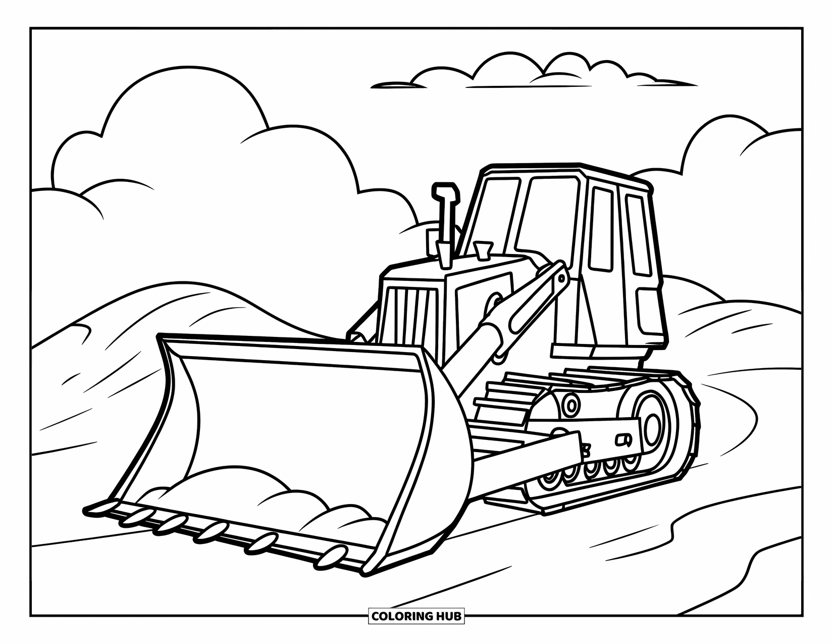 Bulldozer Coloring Page for Kids: Cute bulldozer moves soft dirt beneath puffy clouds