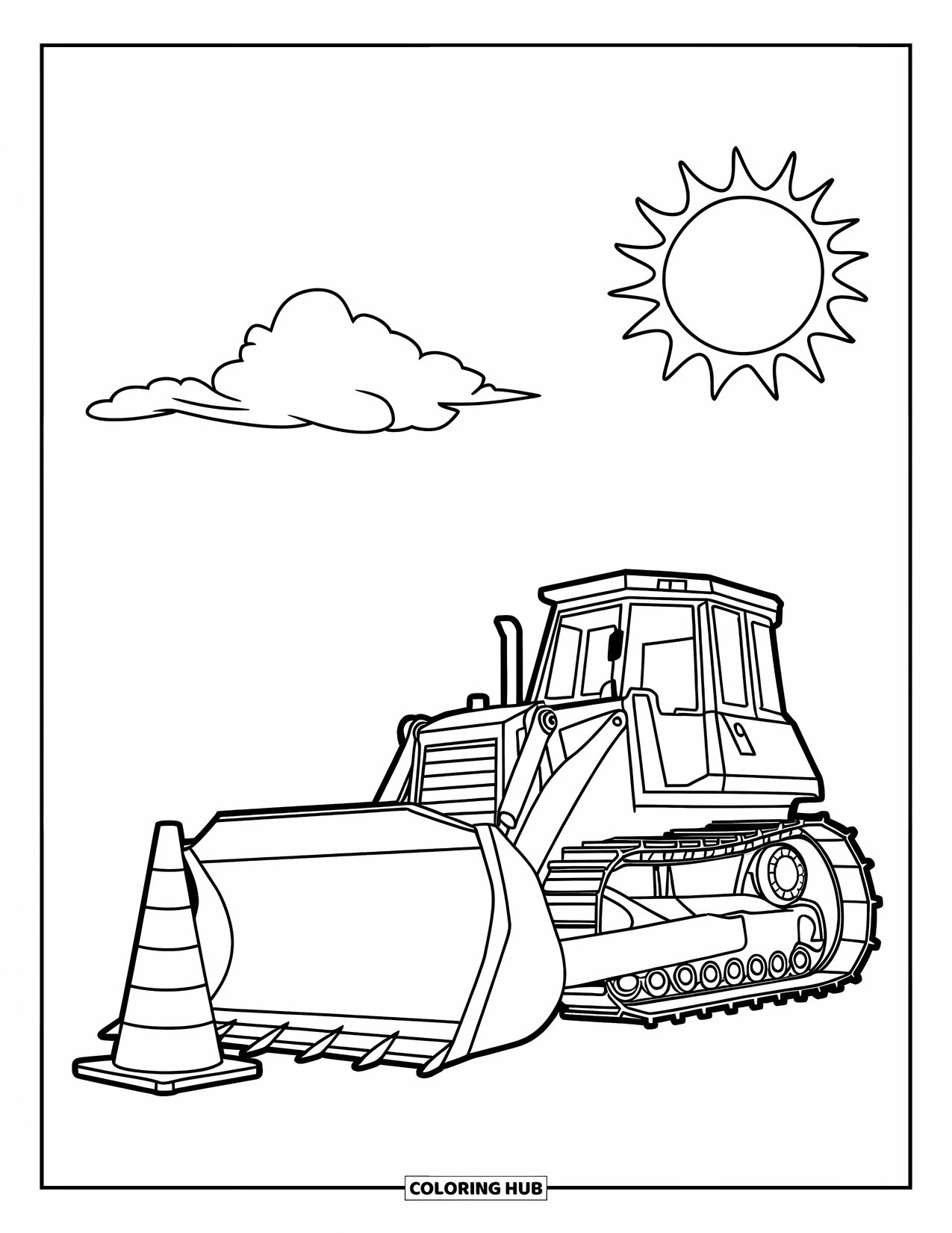 Bulldozer Coloring Page for Kids: Cute bulldozer parked near a cone with a few clouds in the sky