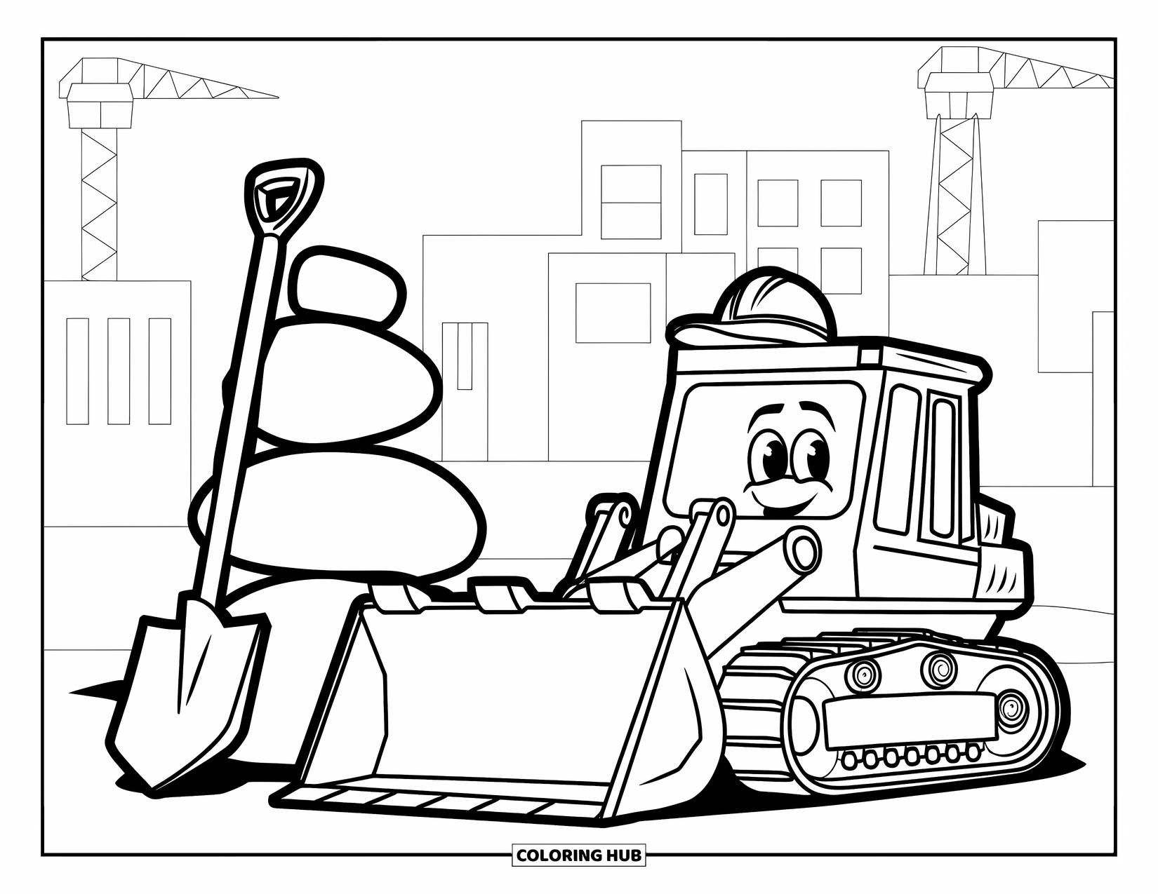 Bulldozer Coloring Page for Kids: Friendly bulldozer near stacked rocks and a shovel at a build site