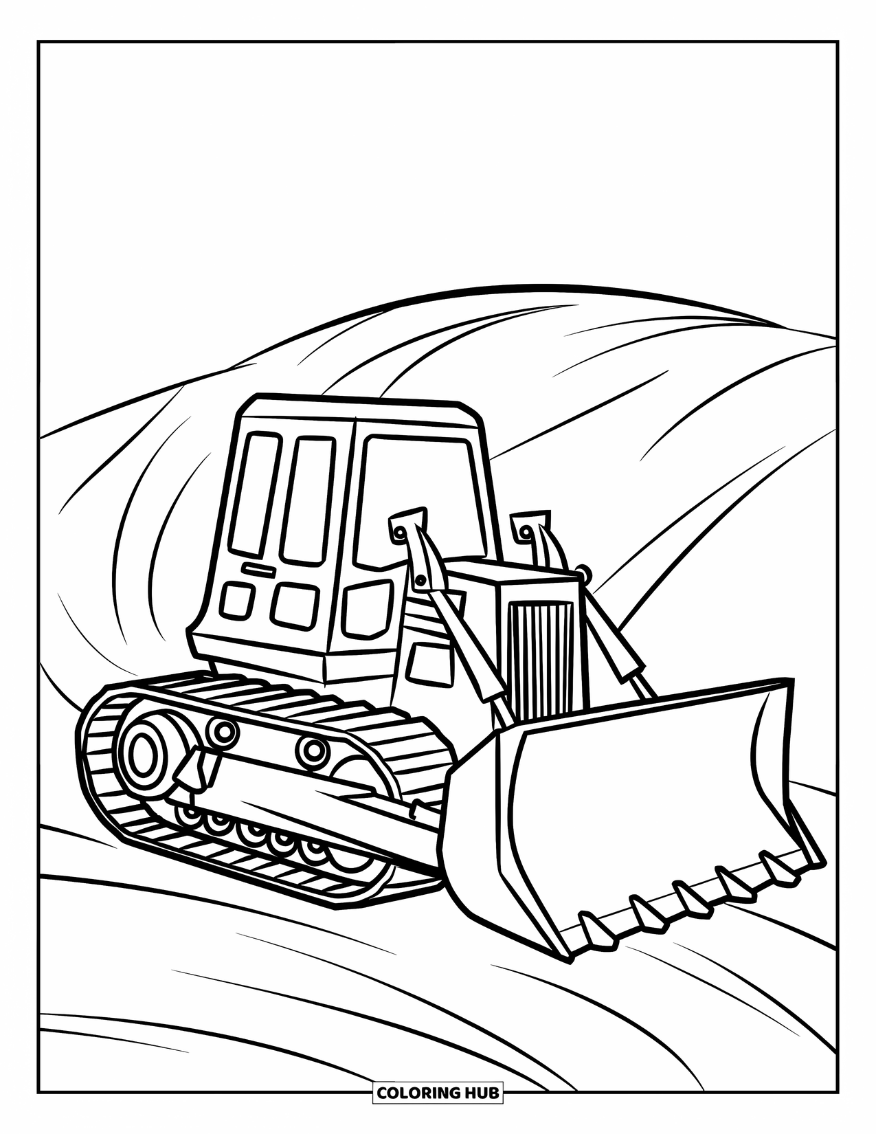 Bulldozer Coloring Page for Kids: Round bulldozer drives up a hill in a fun, simple scene