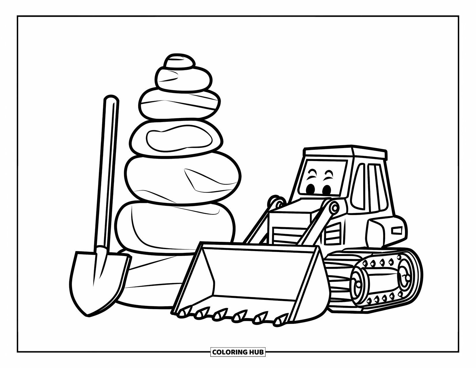 Bulldozer Coloring Page for Kids: Smiling bulldozer beside a rock pile and shovel, ready to work