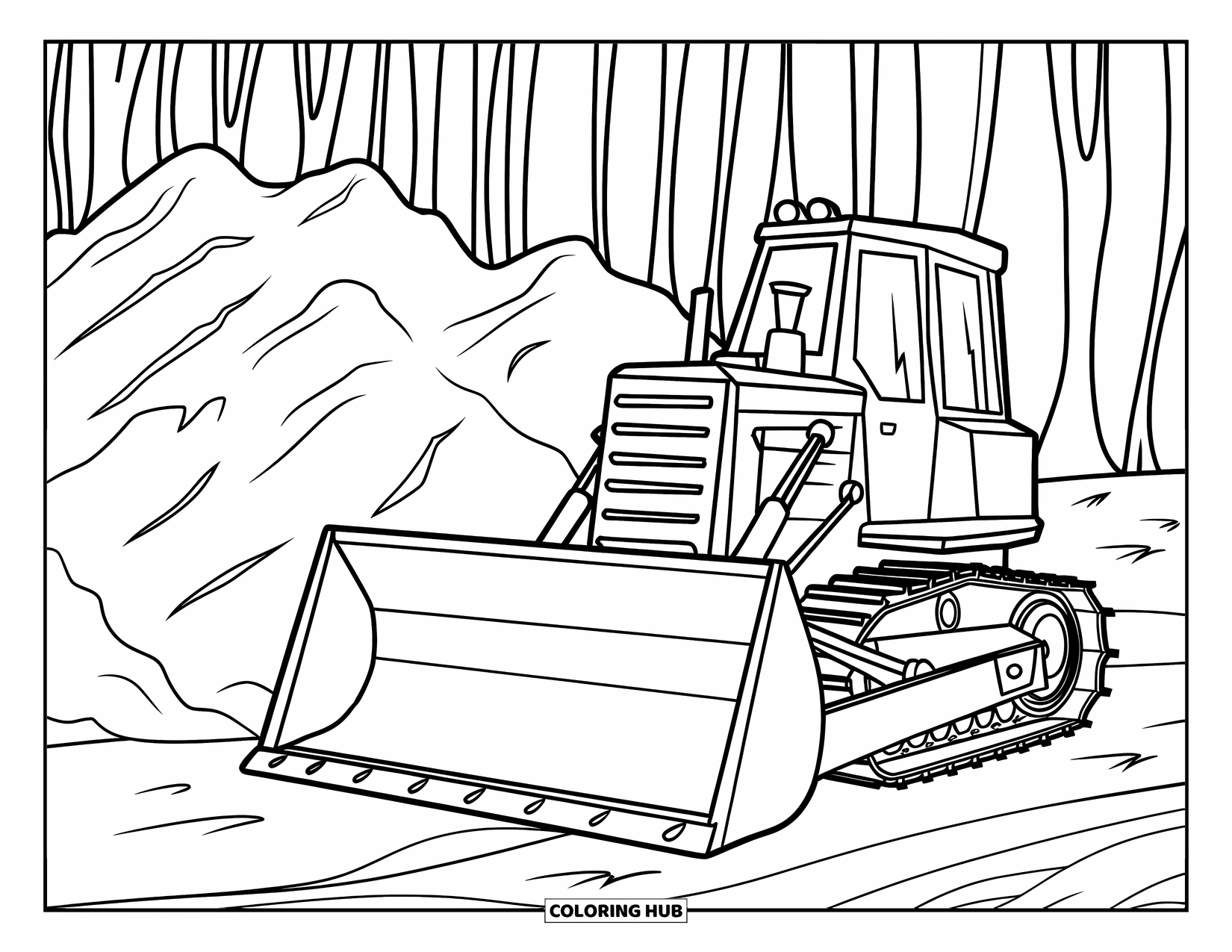 Bulldozer Coloring Page for Kids: Smiling bulldozer parked near trees and a mound of soft soil