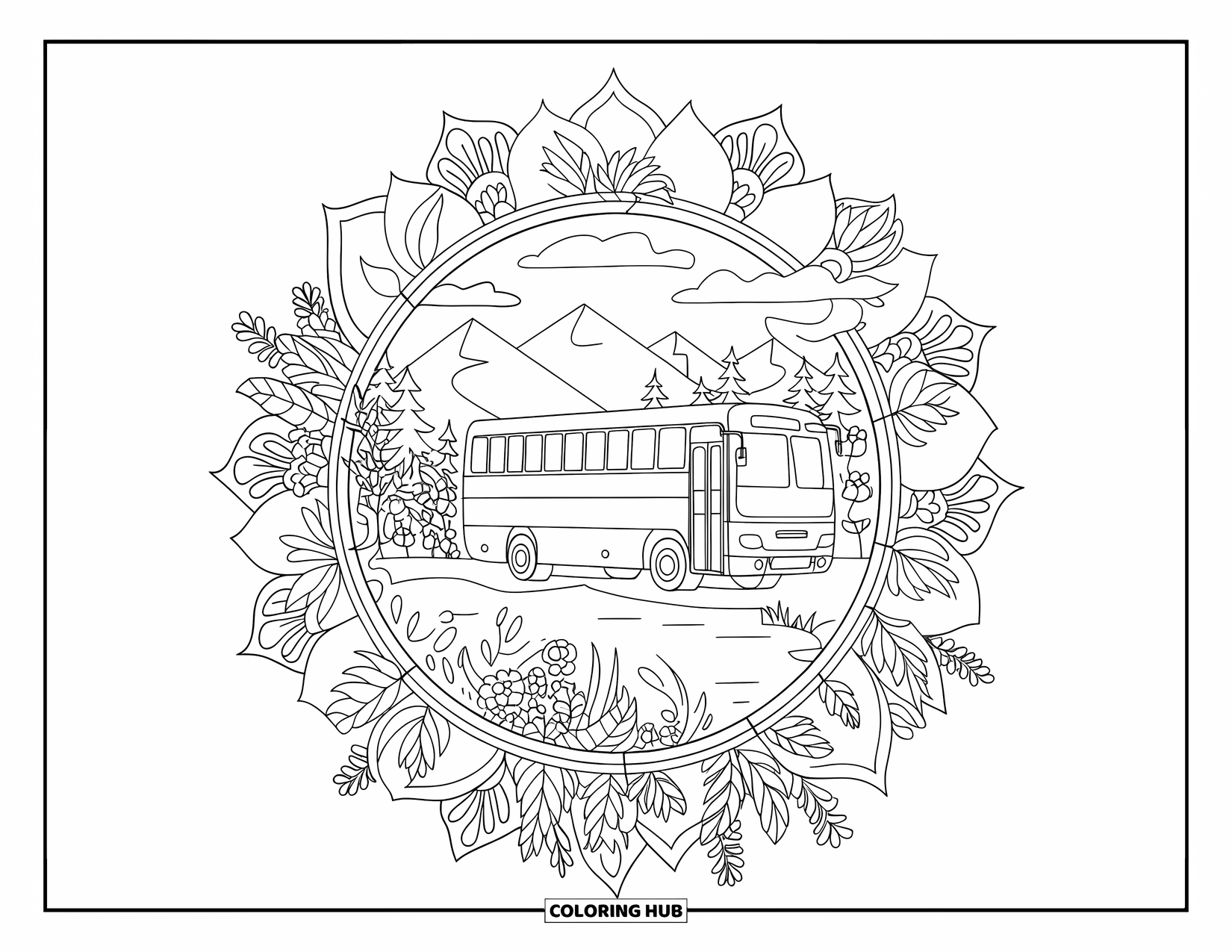 Bus Coloring Page for Adults: A bus parks near a lake, surrounded by mountains and detailed floral mandala designs