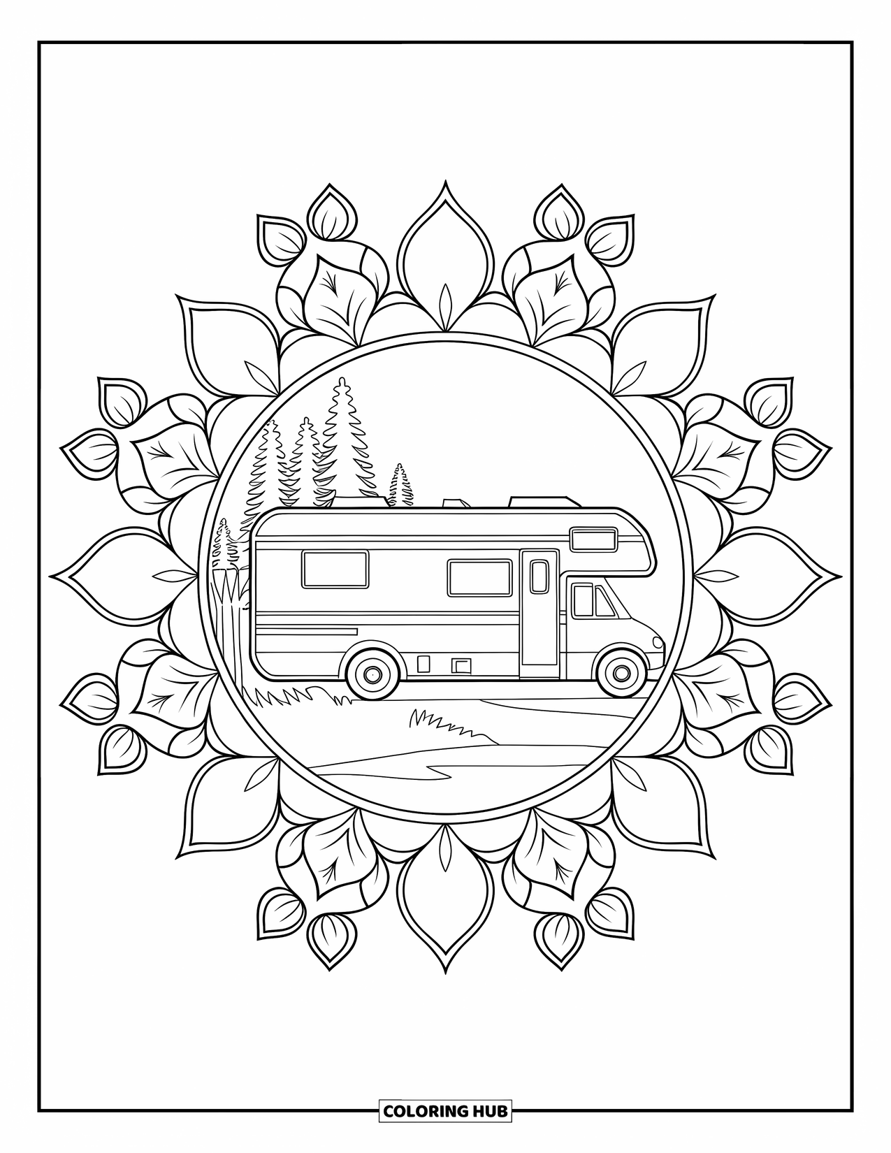 Bus Coloring Page for Adults: A camper bus and people stand near water, framed by round floral mandala patterns