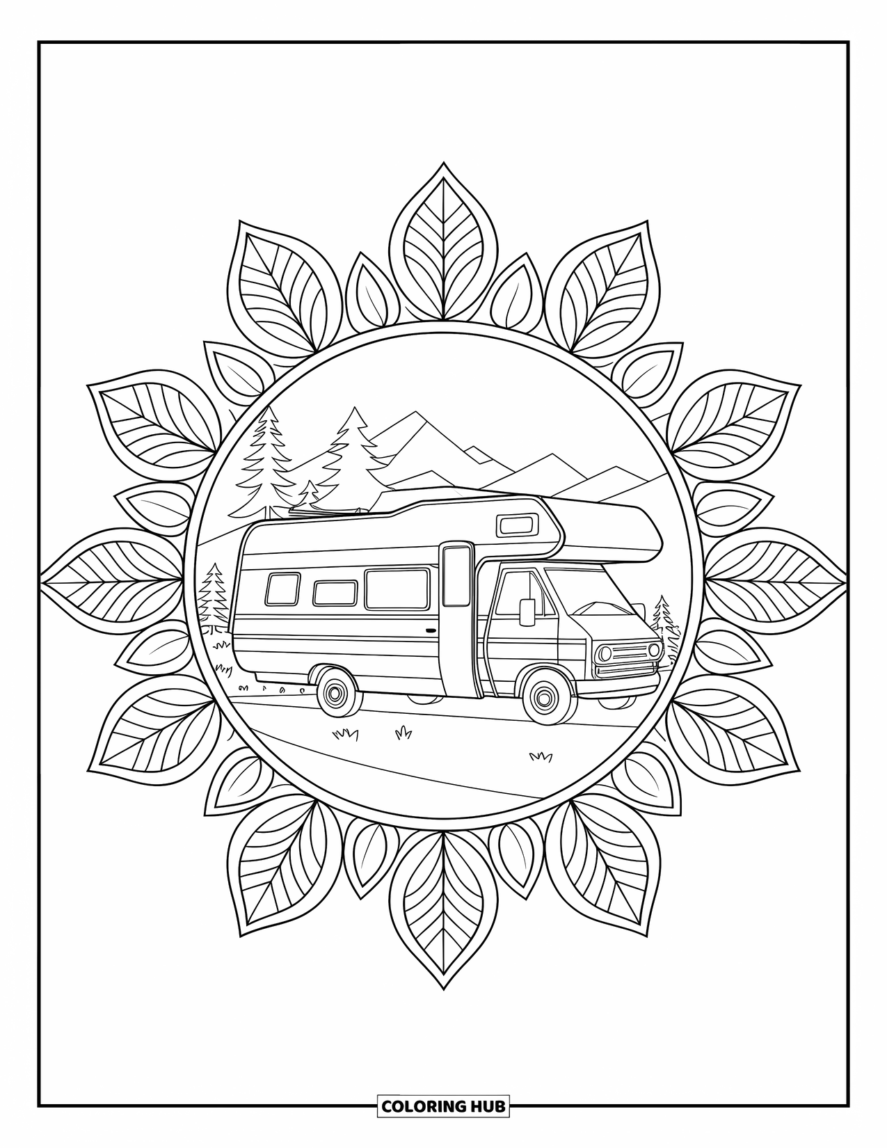 Bus Coloring Page for Adults: A camper bus rests on a gravel road, surrounded by leafy mandala petals