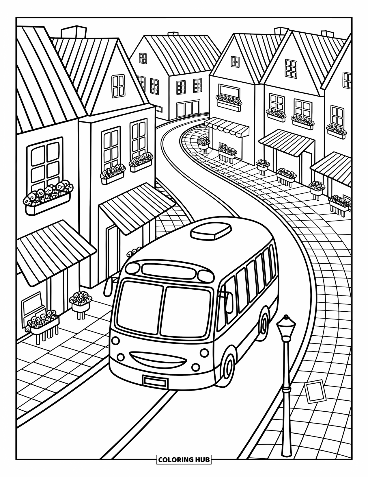 Bus Coloring Page for Adults: A cheerful bus moves past cozy houses, cafés, and playful trees on a winding street