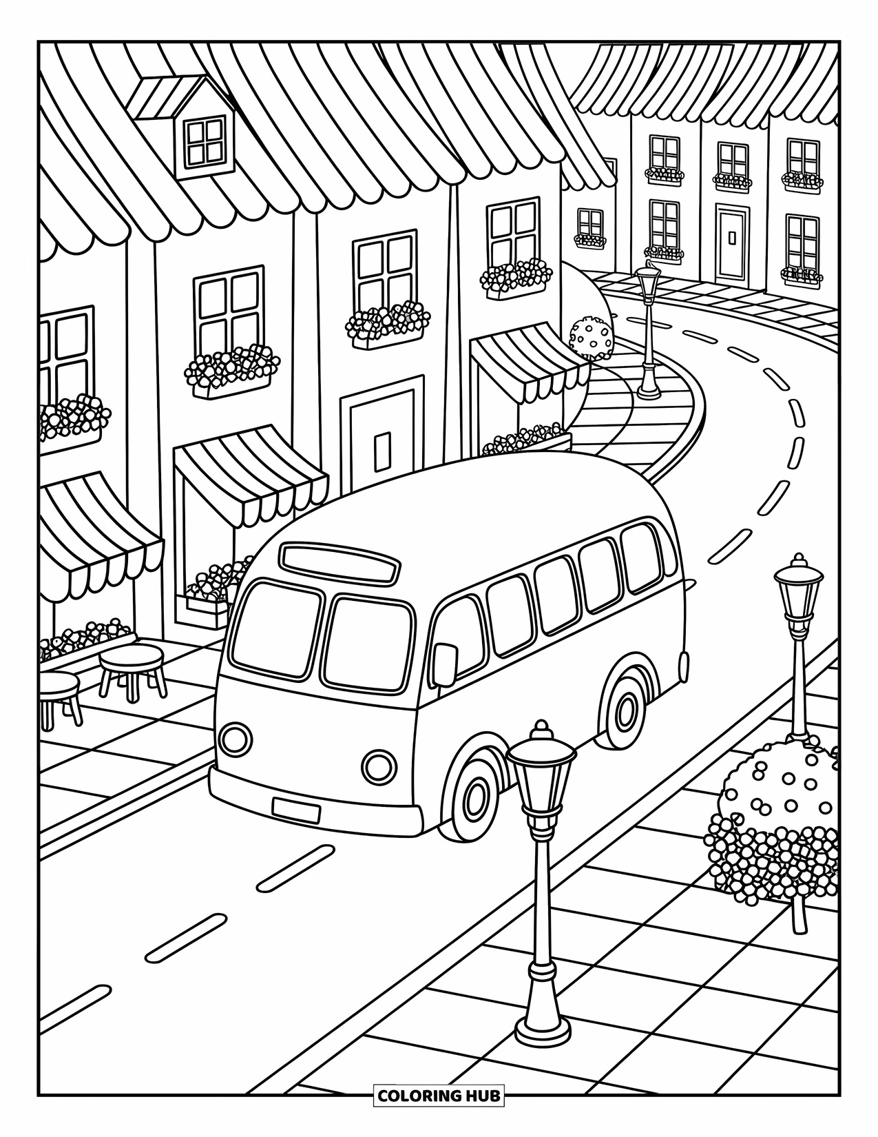 Bus Coloring Page for Adults: A city bus rolls past flower-filled homes, cozy cafés, and swaying trees