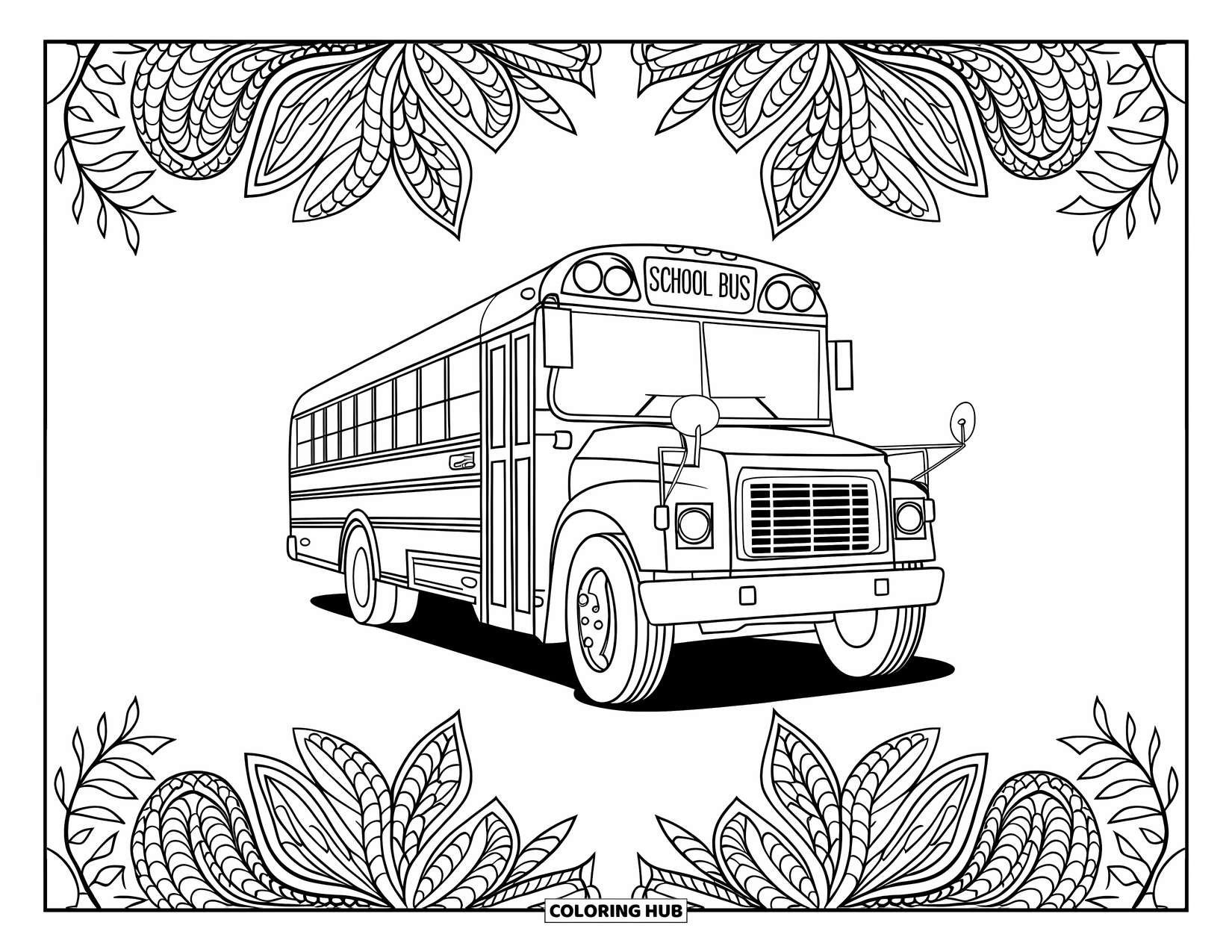 Bus Coloring Page for Adults: A classic school bus sits at the center of detailed paisley leaf patterns