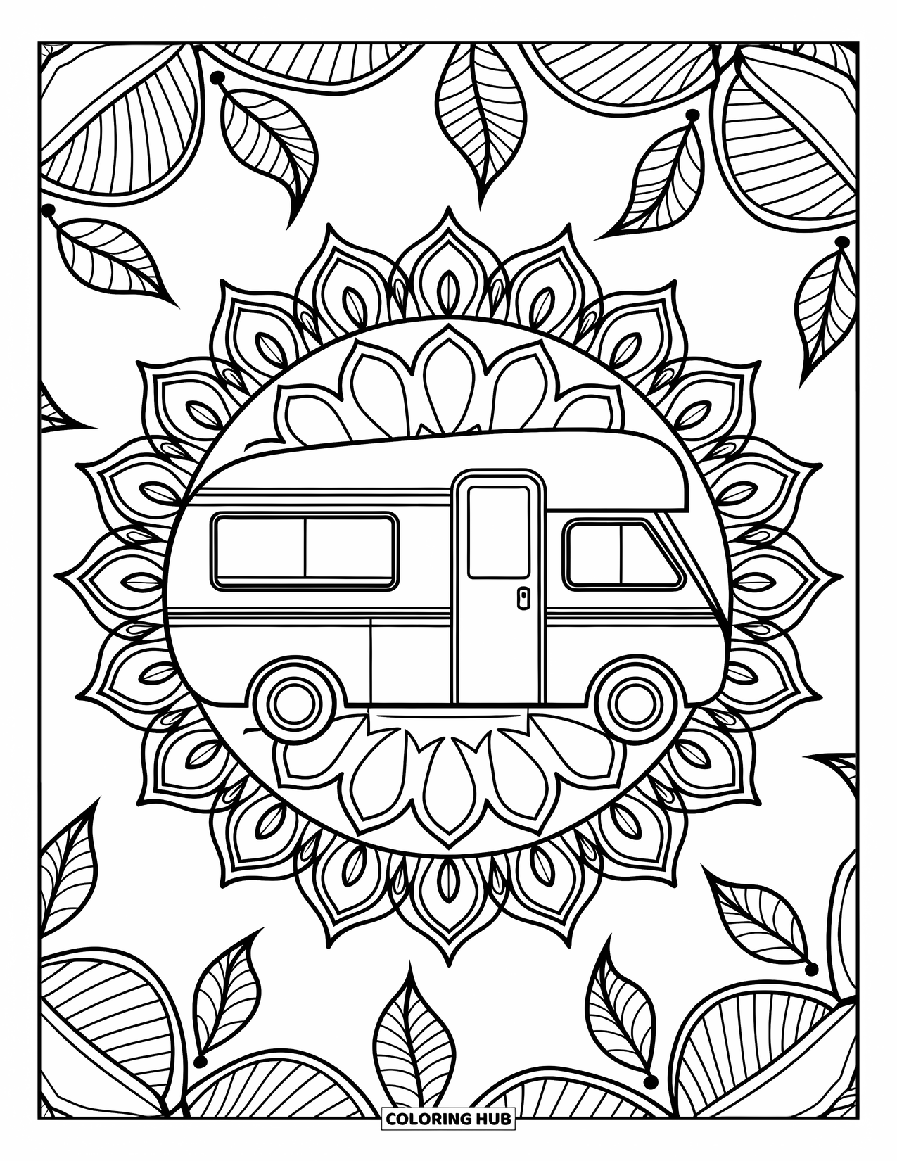 Bus Coloring Page for Adults: A cozy camper bus is wrapped in layers of detailed mandala petals and leaves
