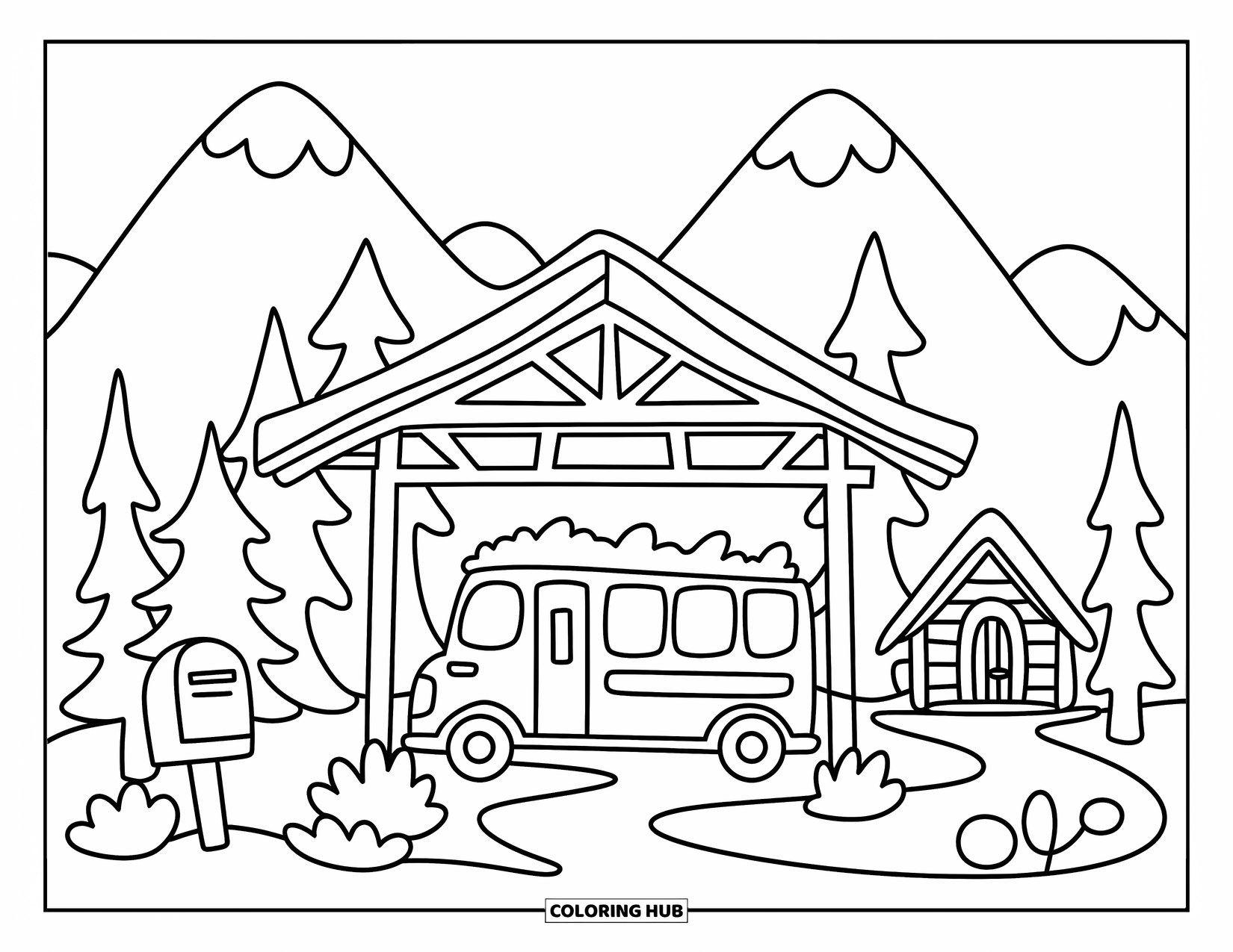 Bus Coloring Page for Adults: A cute bus stops beneath a wooden roof near pine trees and a winding forest path