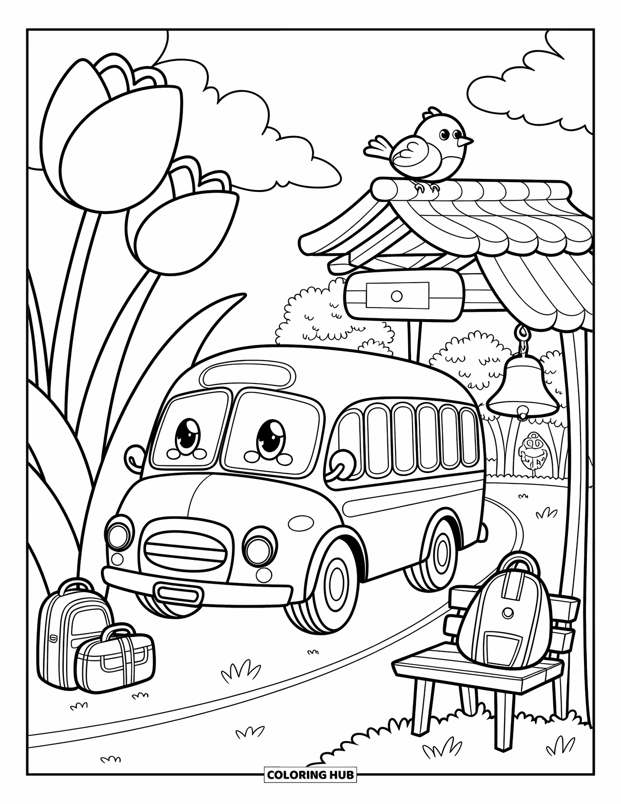 Bus Coloring Page for Adults: A cute school bus with window eyes rests near tulips, a bell sign, and a forest path