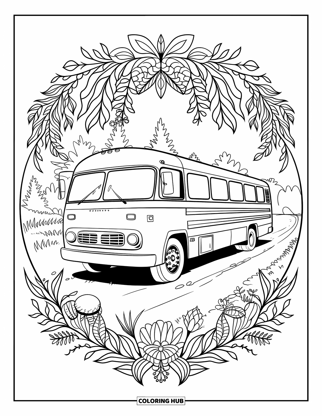Bus Coloring Page for Adults: A dented tour bus parks on a dirt path, framed by flowers and mandala vines