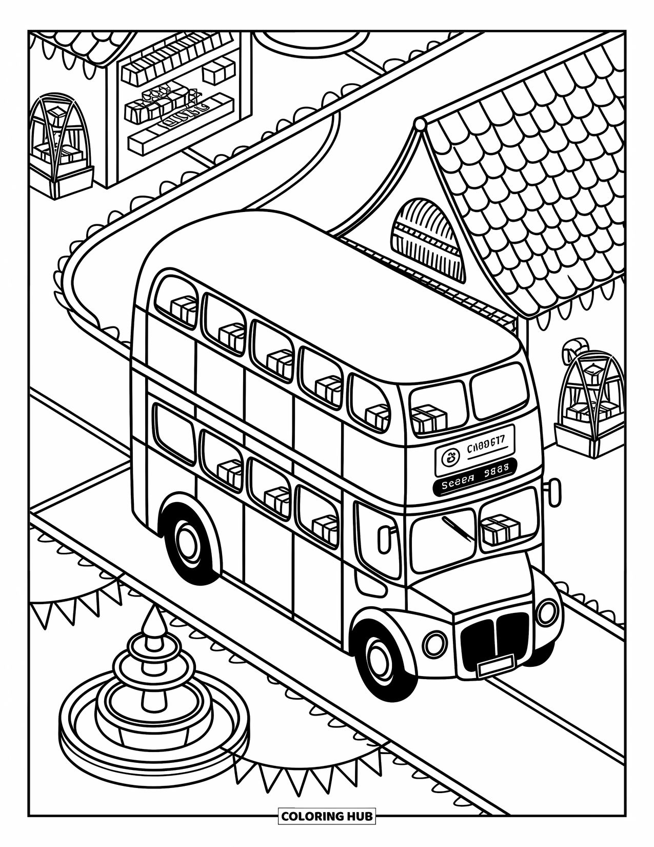 Bus Coloring Page for Adults: A double-decker bus rides through a cozy village with cobbled paths and a fountain