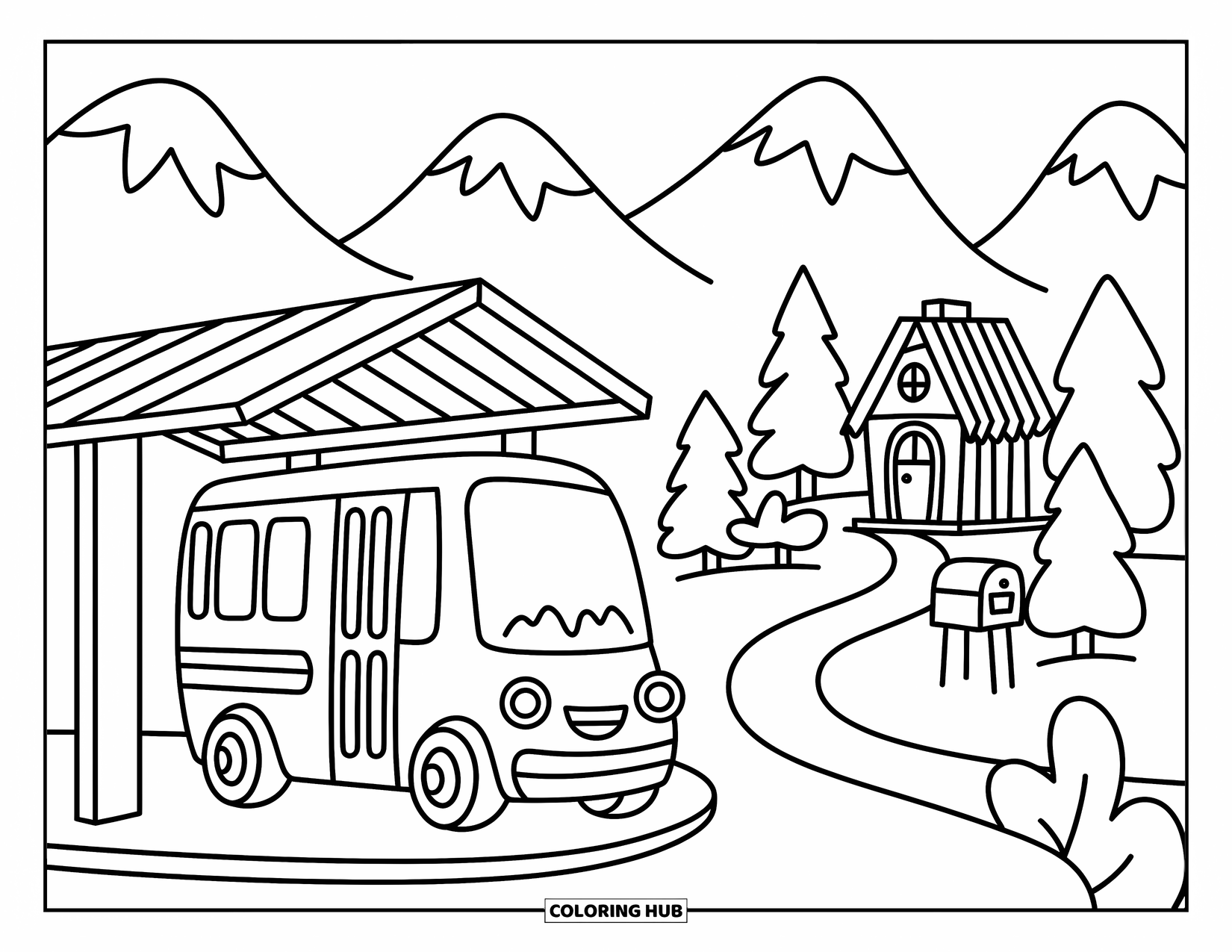 Bus Coloring Page for Adults: A fluffy bus waits under a cozy shelter beside a winding path and hidden cabin